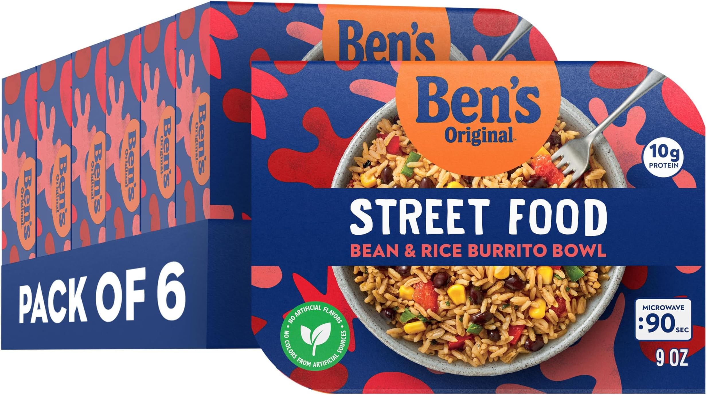 BEN'S ORIGINAL Street Food Bean & Rice Burrito Bowl, Prepared Entrée, Microwave in 90 Seconds, 9 oz​ (Pack of 6)