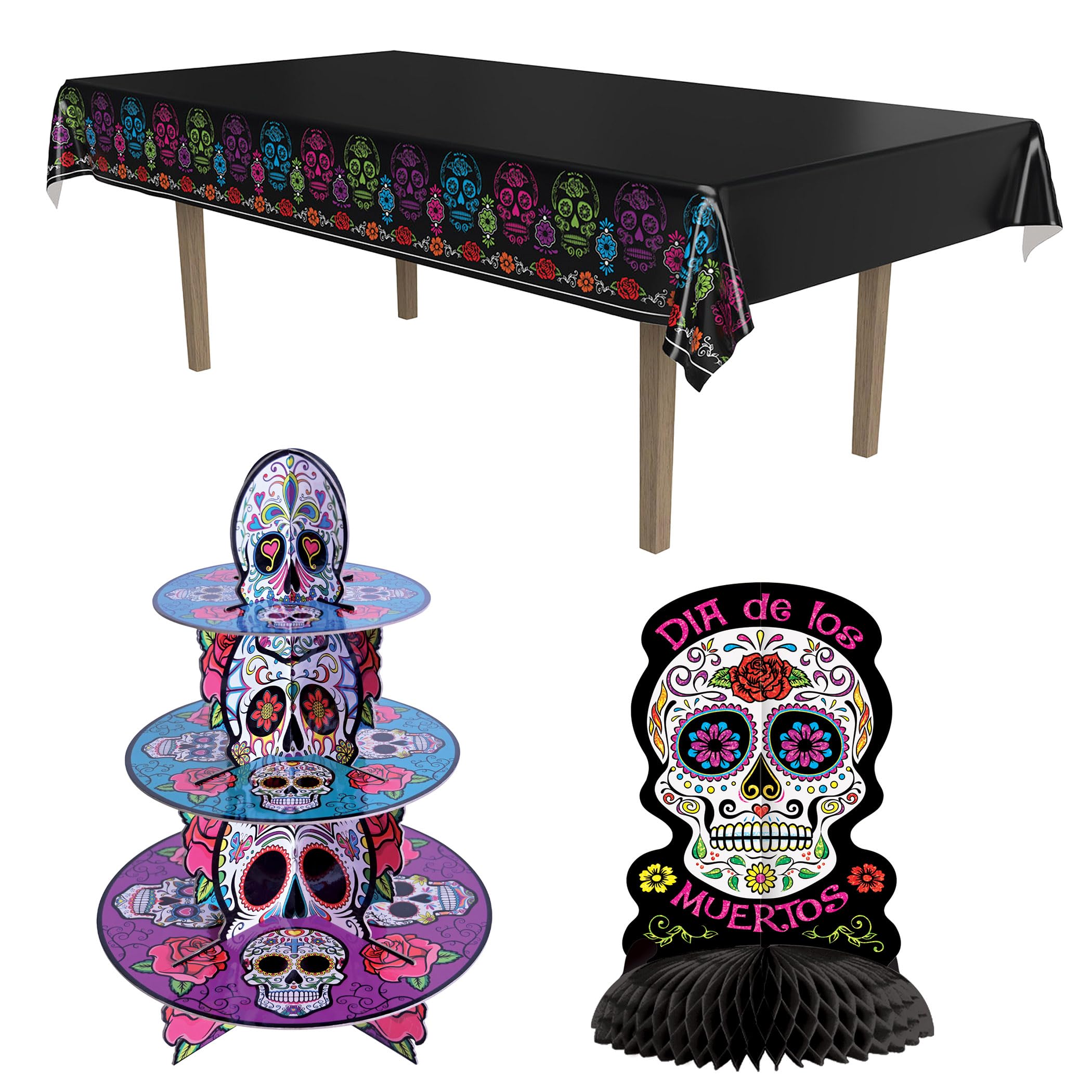 Beistle Day of the Dead - Set di decorazioni da tavola a forma di teschio | Include tovaglia in plastica a tre livelli per cupcake e centrotavola glitterato per tavoli da dessert e buffet