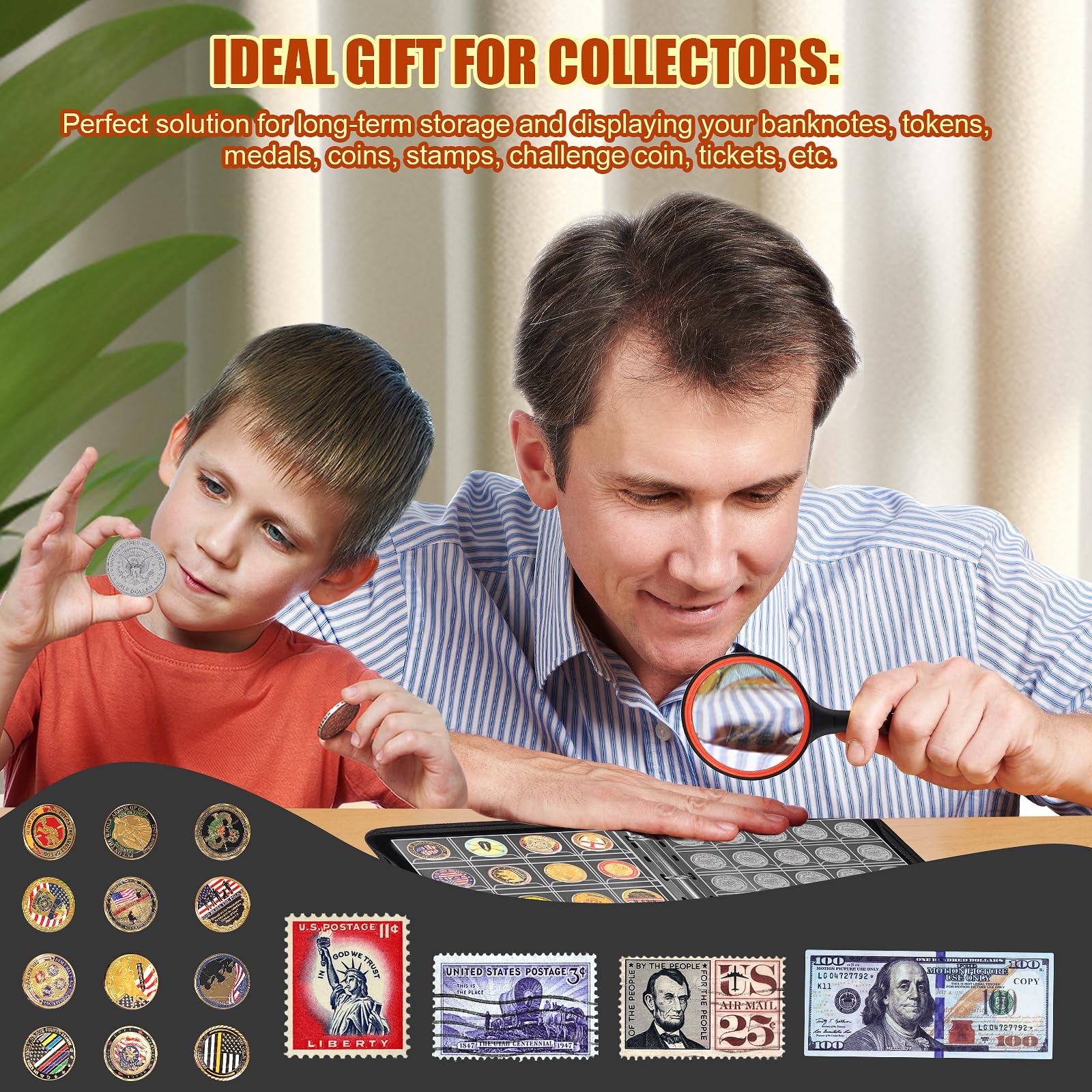 Coin Collection Book Holder for Collectors, 300 Pockets Fireproof Coins Collecting Album & 36 Sleeves Money Storage Case for Coin Currency Collection Supplies, Bill, Pennies, Quarters, Stamp