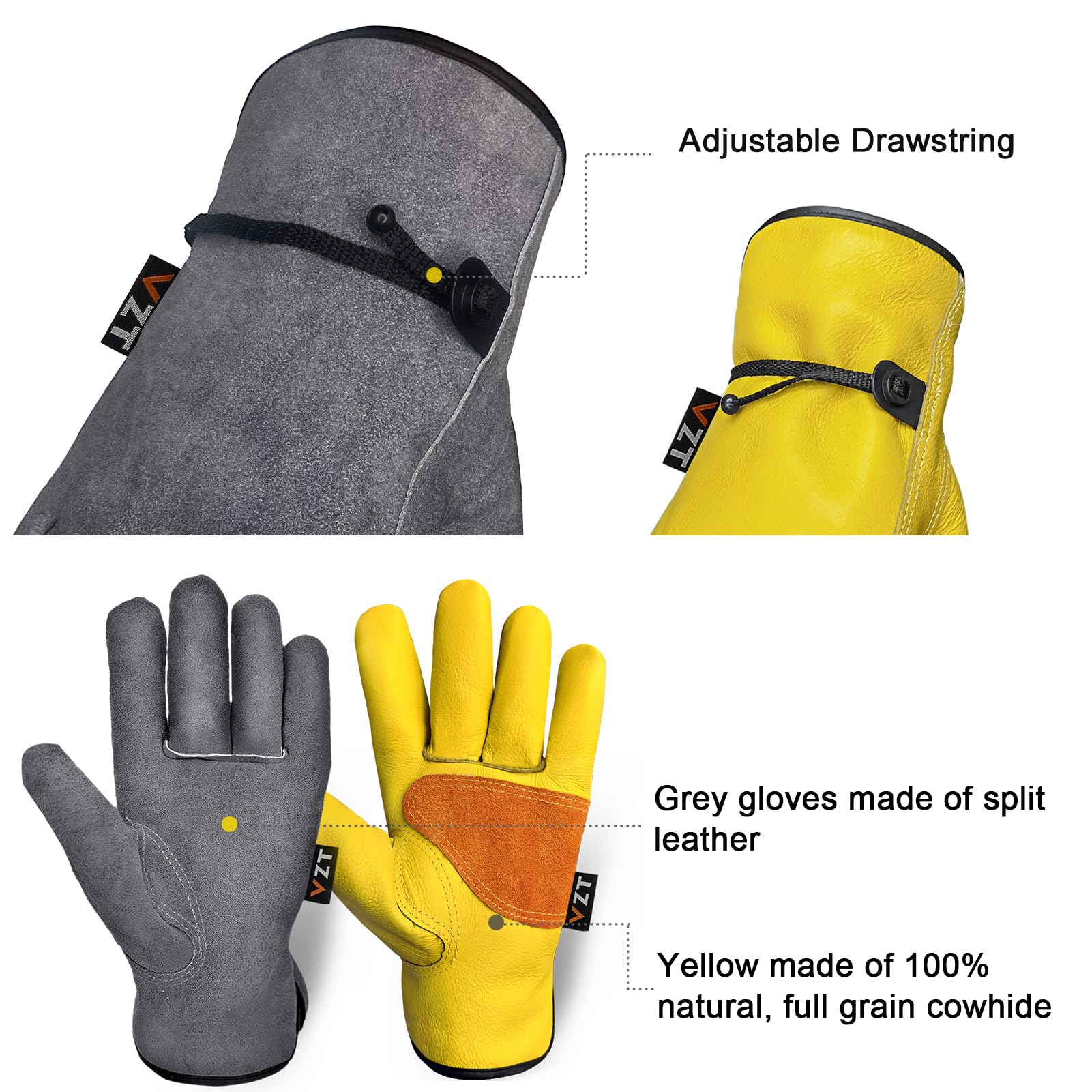 2 pares de guantes de trabajo de cuero para hombres o mujeres, para jardinería, construcción, trabajo de madera. Resistentes, conductor, motocicleta, cuero vacuno, gruesos, suaves y flexibles