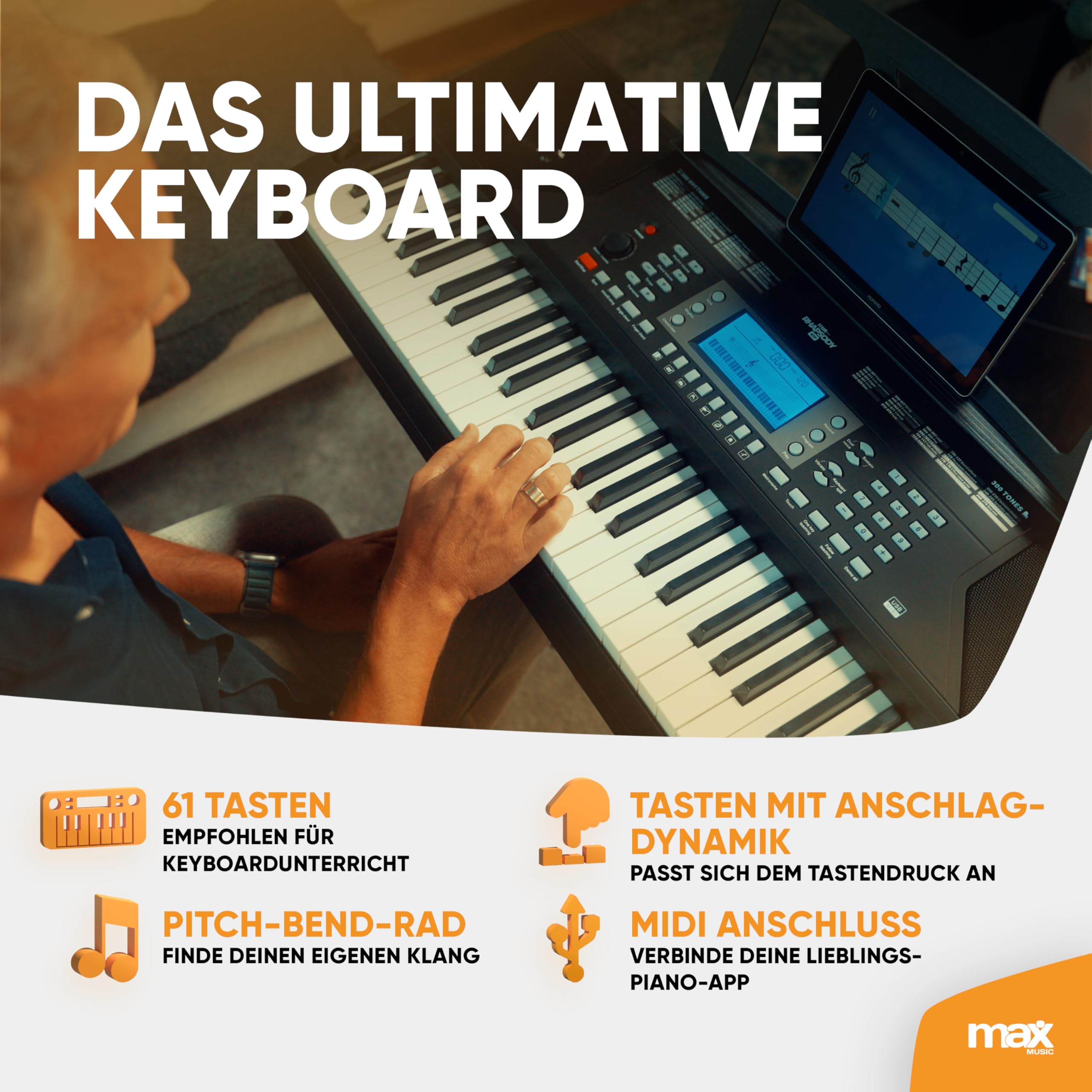 MAX Rhapsody61P - MIDI Keyboard Piano mit 61 Tasten und Pitch-Wheel, Keyboard mit Ständer, Kopfhörer & Sustain Paddle, Anschlagdynamik, LCD Display, Lern-Funktion, 8h Akku, 40 Demosongs, 300 Sounds