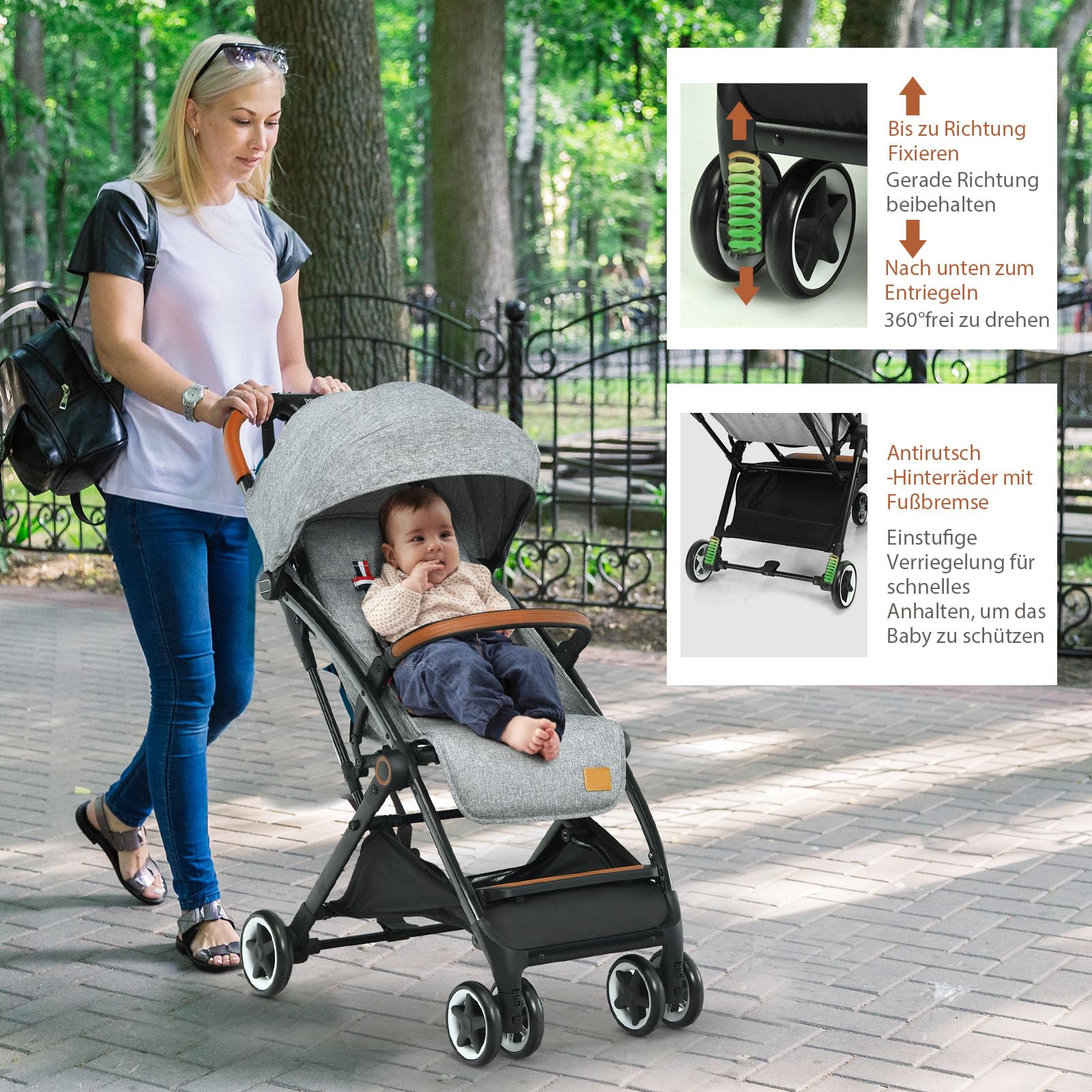 COSTWAY Kinderwagen Einhand Faltbar, Kinderbuggy mit verstellbare Rückenlehne & Verdeck, Reisebuggy mit Liegefunktion, Sicherheitsgurt für Baby bis 3 Jahren, 15 kg Belastbar (Grau)