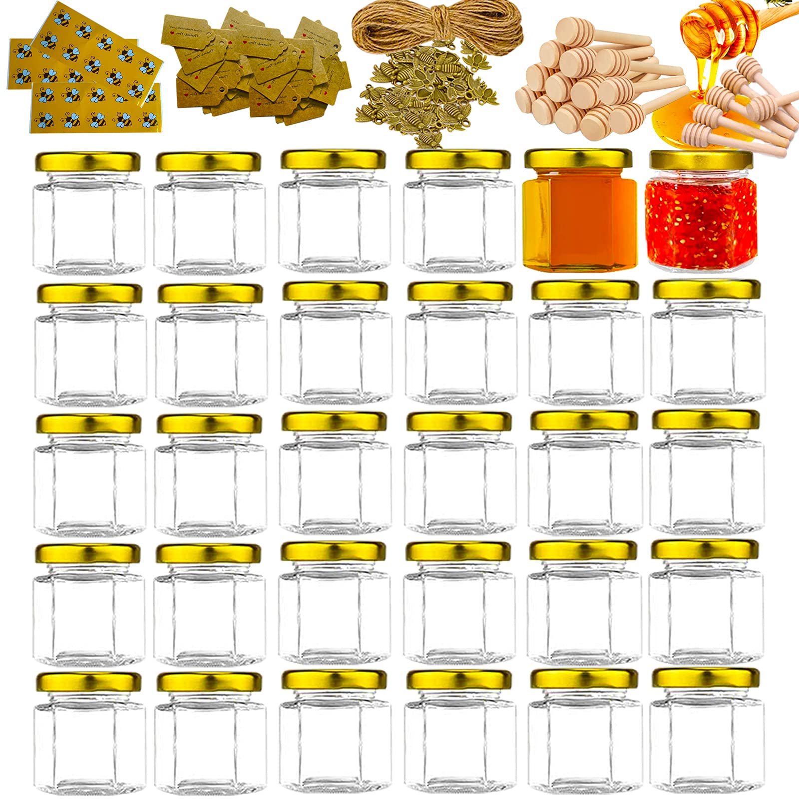 Eidoct Lot De 30 Mini Pots à Miel Hexagonaux 42,5 G En Verre - Couvercles Dorés, Cuillères Bois, Pendentifs Abeilles, Ficelle & Autocollants Pour Mariage, Fête