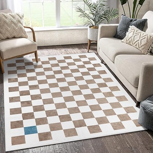 Wonnitar Checkered Washable Area Rug 5x7,Modern Large Rugs for Bedroom,Non-Shedding Soft Living Room Throw Mat,Geometric Checkerboard Floor Carpet for Dorm Bedroom Playroom,Khaki