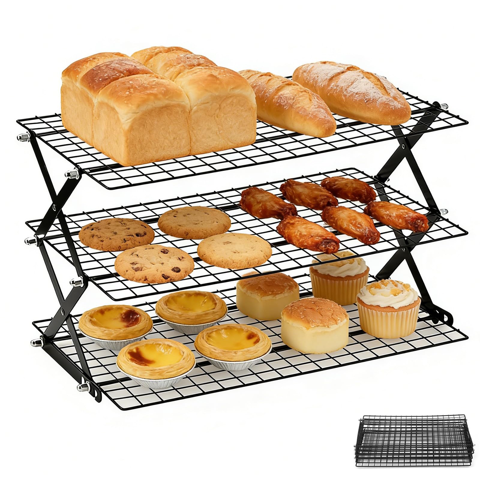 Grille de Refroidissement Pâtisserie, 3 Niveaux Grille Pâtisserie Pliable Gain de Place, Accessoire de Pâtisserie pour Gâteaux, Pain, Rôtissage Séchage, Four et Lave-Vaisselle Safe, Hauteur Réglable