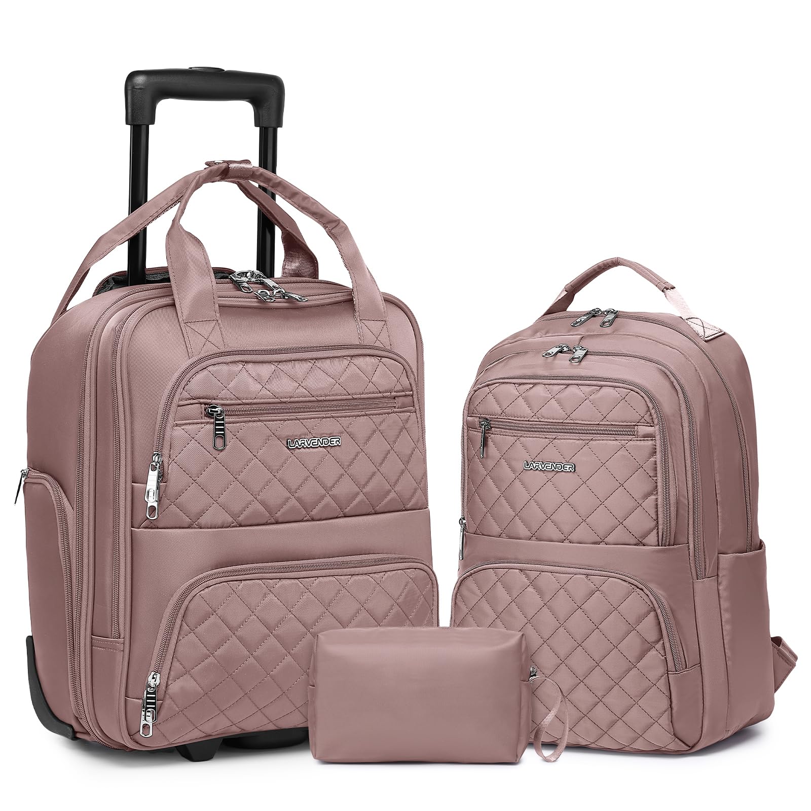 LARVENDER Underseat Carry On Luggage with Wheels Softside 16-inch Underseater Luggage Lightweight Overnight Suitcase for Men Women, Pink, 3 Piece (16/