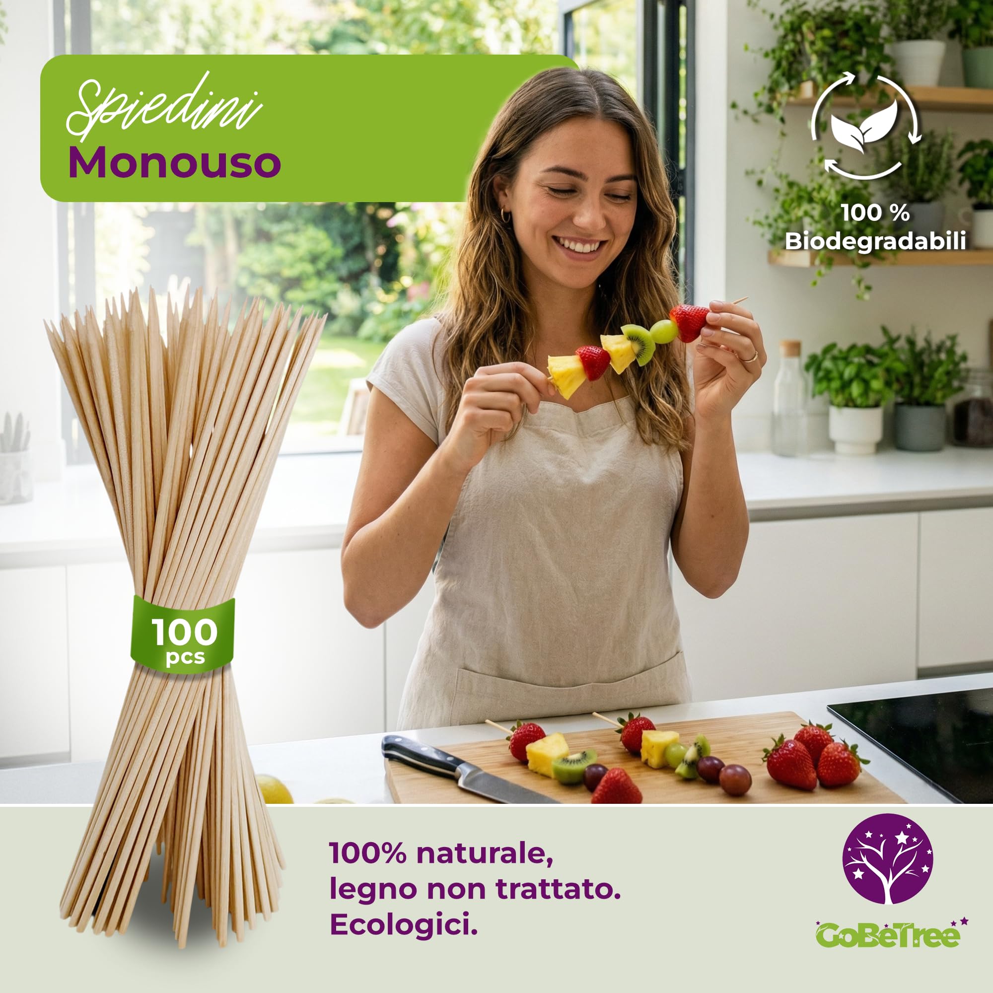 100 Spiedini in Legno di Betulla 15 cm x 2,5 mm | Bastoncini Extra Resistenti per Barbecue, Carne e Frutta | Stecchini Ecologici Multiuso per Fai da Te
