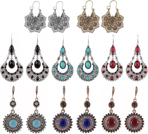 8 pares de aretes colgantes de loto bohemio para mujer joyería vintage turquesa occidental aretes colgantes bohemios joyería nativa americana