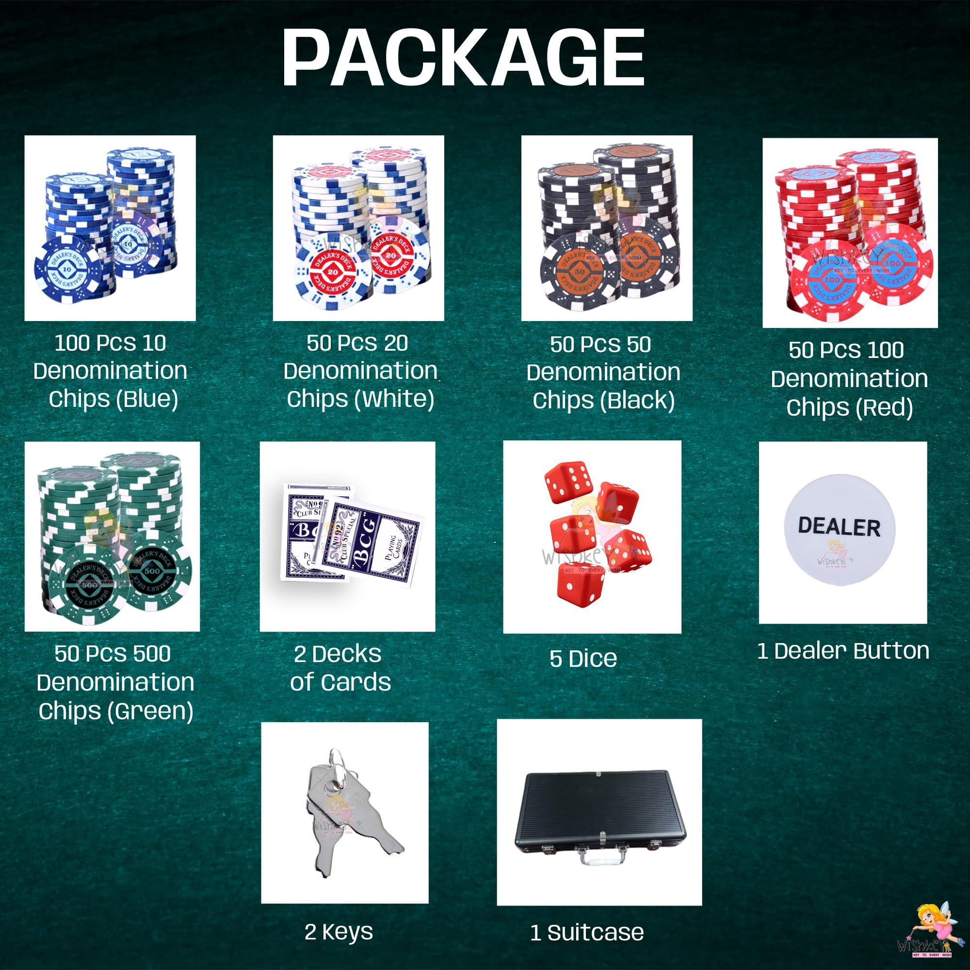 WISHKEY Black Casino Style Poker Set, 300 Pcs Ceramic Printed Denomination Chips with Lockable Aluminum Finish Case 2 Decks of Cards 5 Dice 1 Dealer Button 2 Keys Classic Multiplayer Game, 14+ Years 2