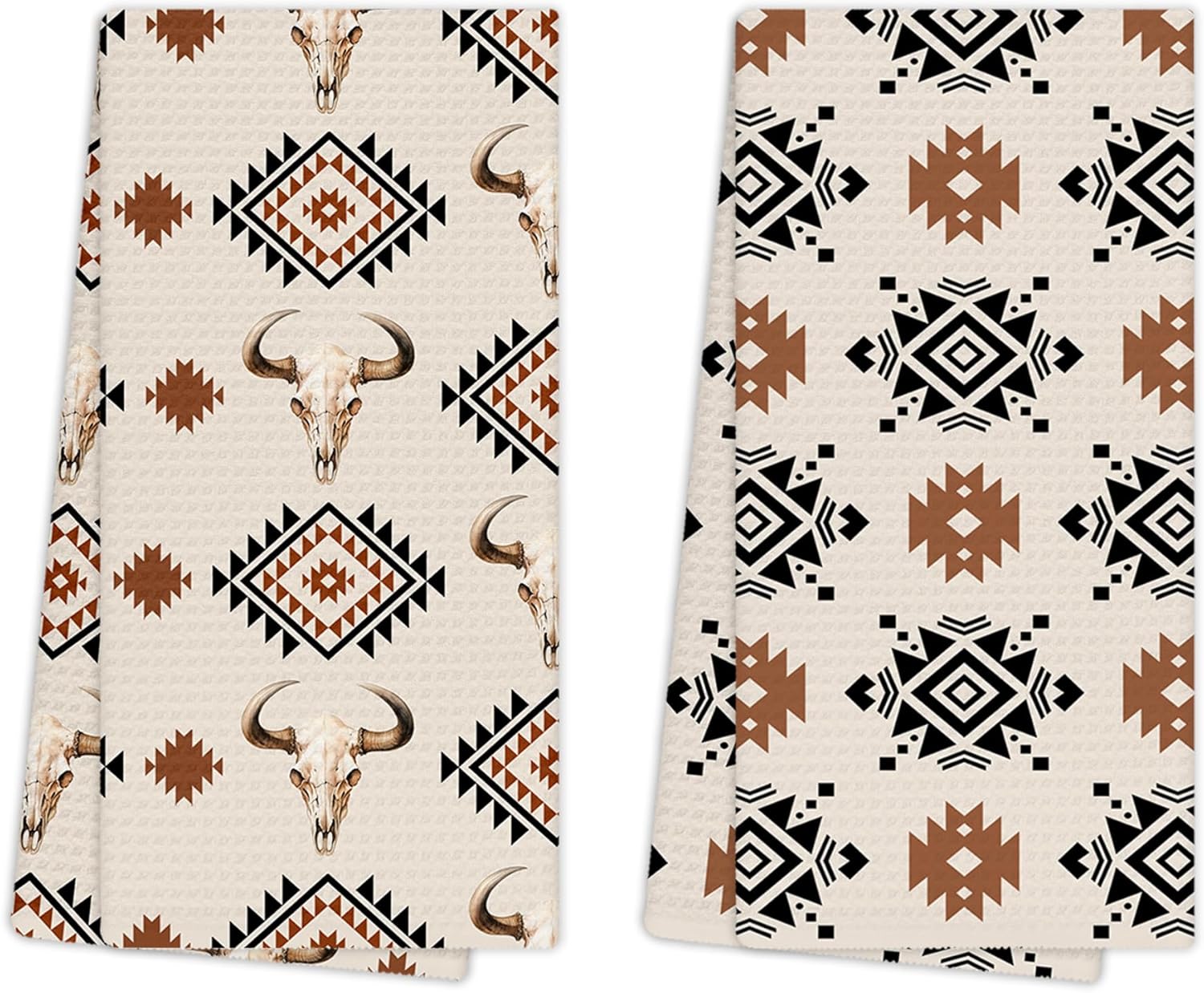 Boho Southwestern Kitchen Towels, Rustic Farmhouse Western Aztec Bull Skull Pattern Hand Towels for Bathroom Decor, Country Western Dishcloths Dish Towel for Kitchen 16x24 Inches Set of 2