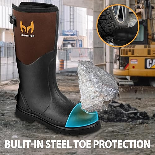 Vista 25 de Botas de trabajo de goma, botas de goma con punta de acero para hombres, botas de caza de goma impermeables de neopreno de 0.236 in para Negro