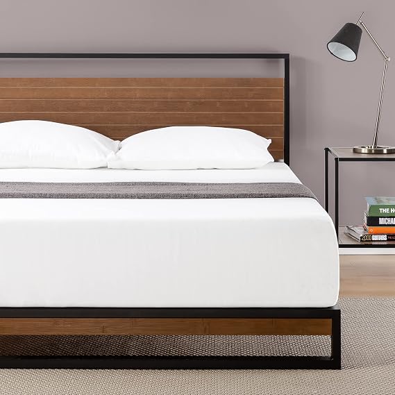ZINUS Suzanne 37 Inch Metal and Wood Platform Bed Frame / Solid Wood & Steel Construction / No Box Spring Needed / Wood Slat Support / Easy Assembly, Chestnut Brown, Queen