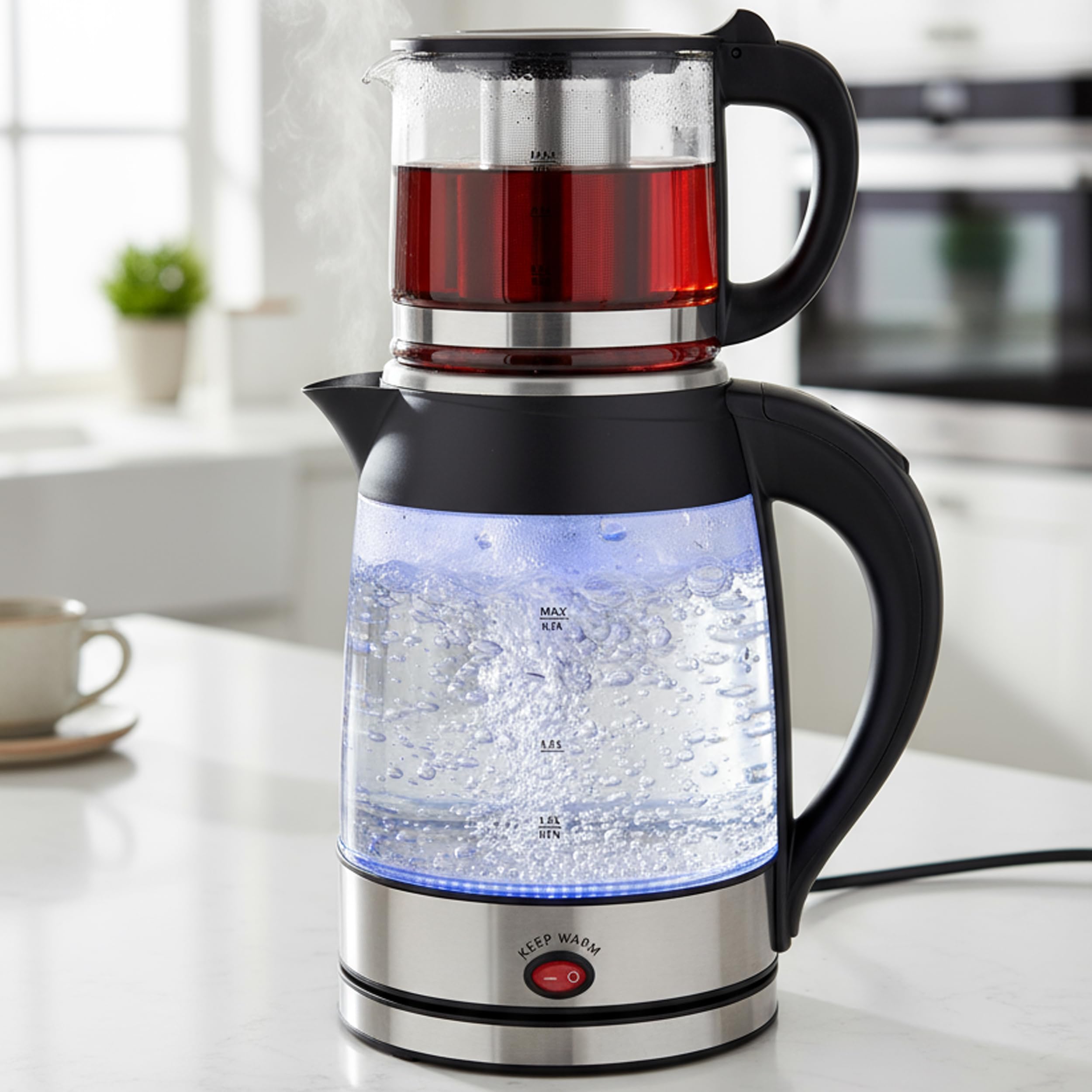 Siberg Set di bollitore da tè 3 in 1 – Macchina da tè turca con bollitore da 1,8 l, caraffa in vetro da 800 ml, potenza 2200 W, funzione di mantenimento al caldo, senza BPA