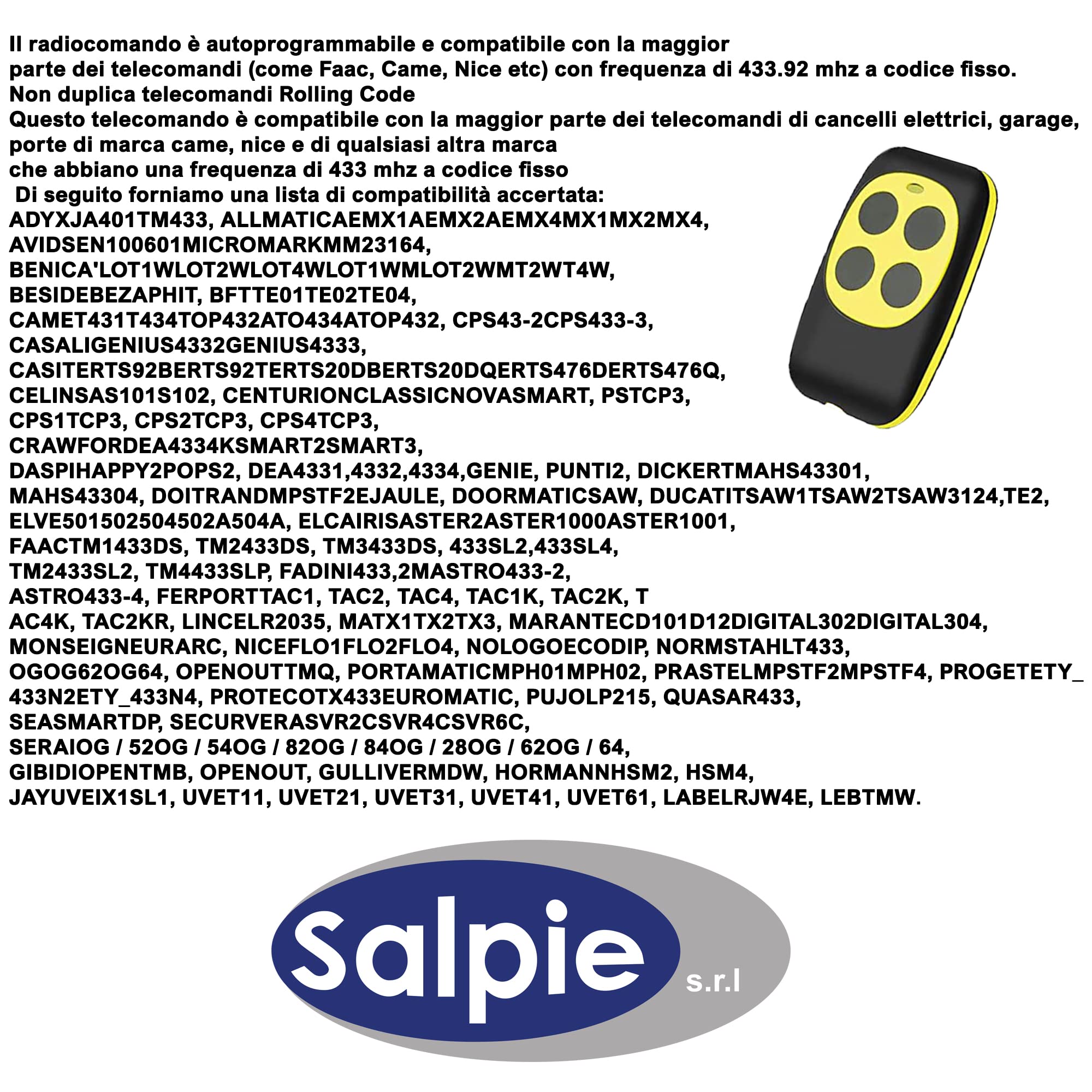 SALPIE Telecomando Cancello Universale Autoapprendimento con Frequenza 433 Mhz Codice Fisso Batteria Inclusa (set 3 pz)
