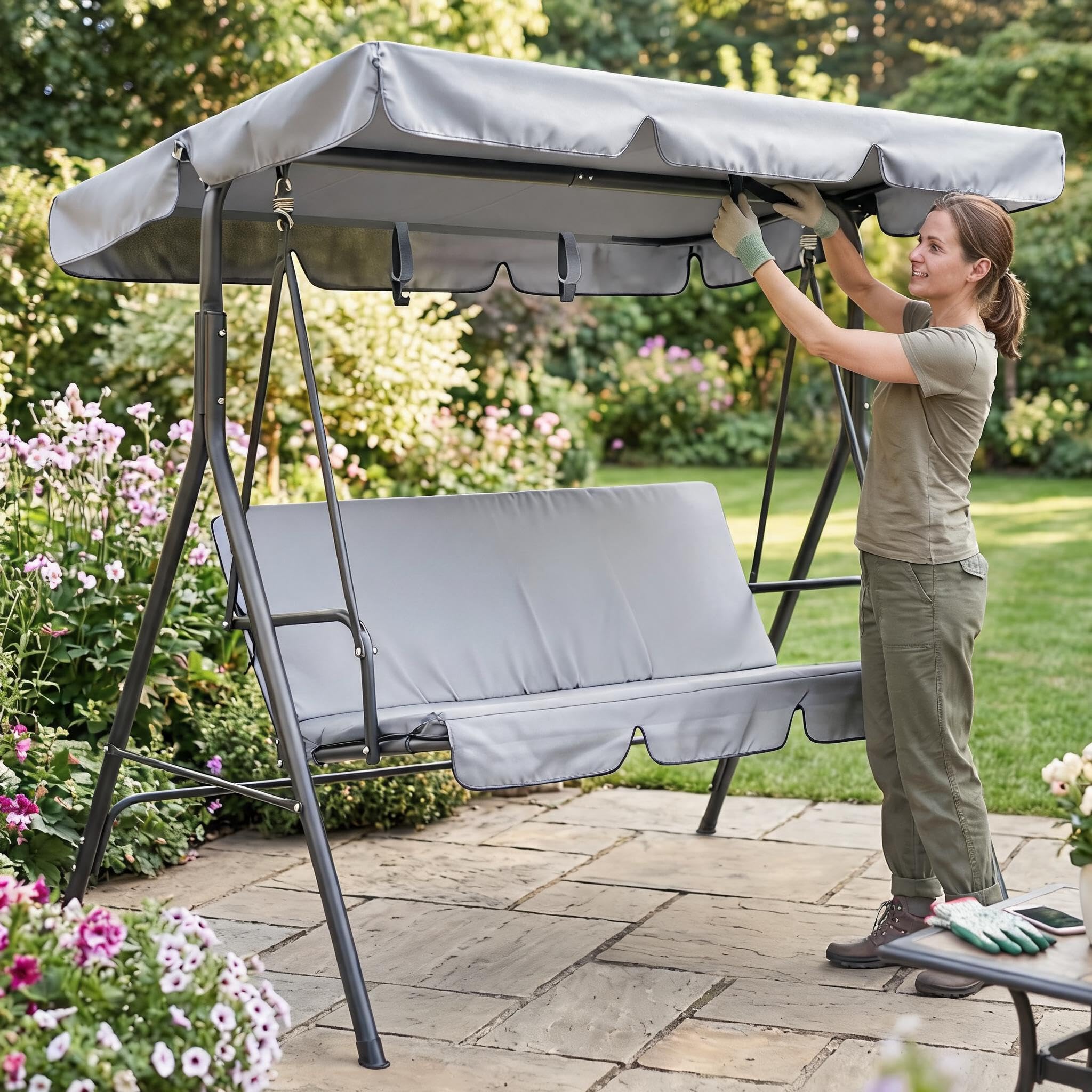 Set di ricambio per dondolo da giardino a tre piedistalli con copertura superiore e coprisedile in tessuto Oxford 210D resistente alle intemperie (grigio, 164 x 114 x 15 cm)