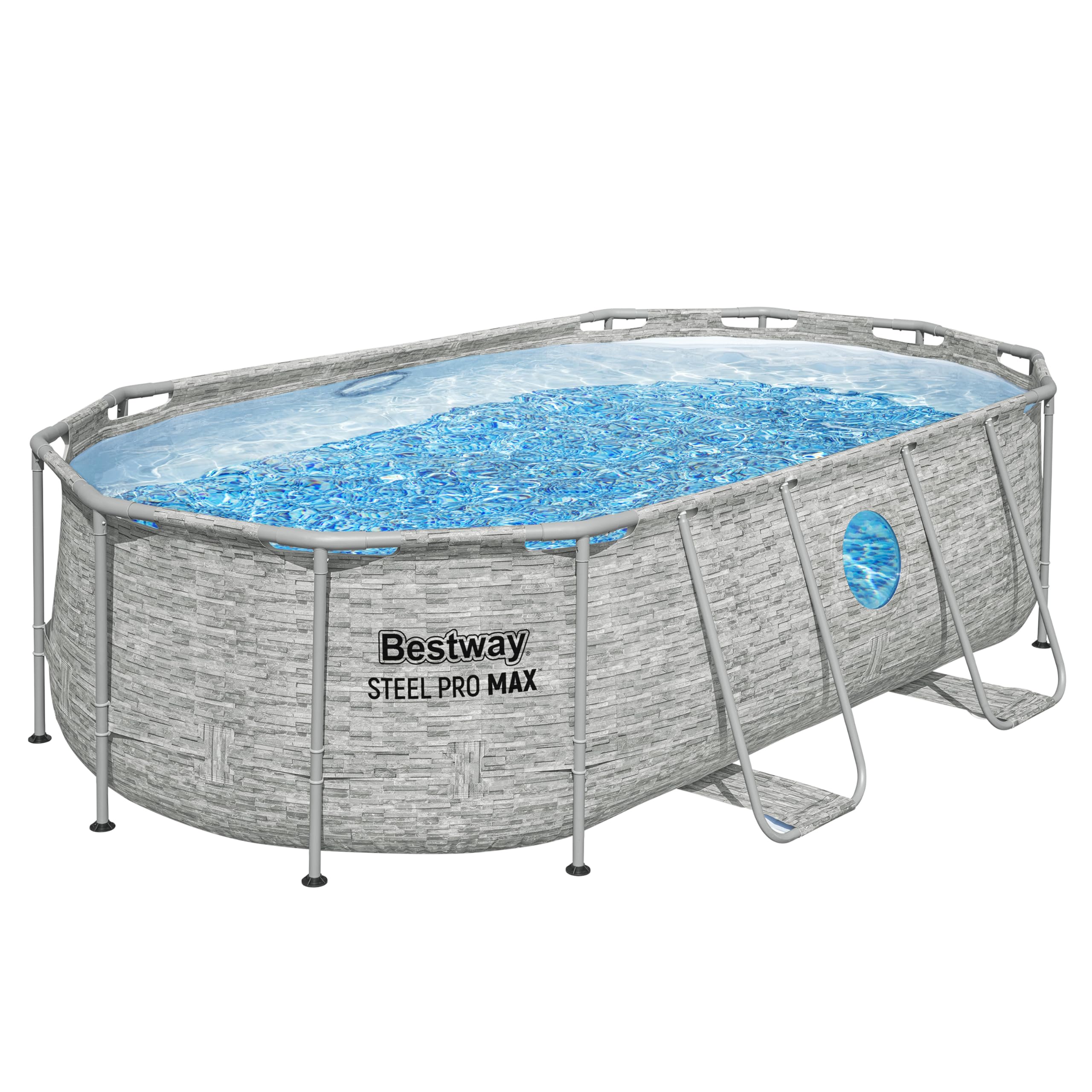 Bestway Power Steel Swim Vista Series Frame Pool Komplett-Set mit Filterpumpe 427 x 250 x 100 cm, Steinwand-Optik (Cremegrau), oval