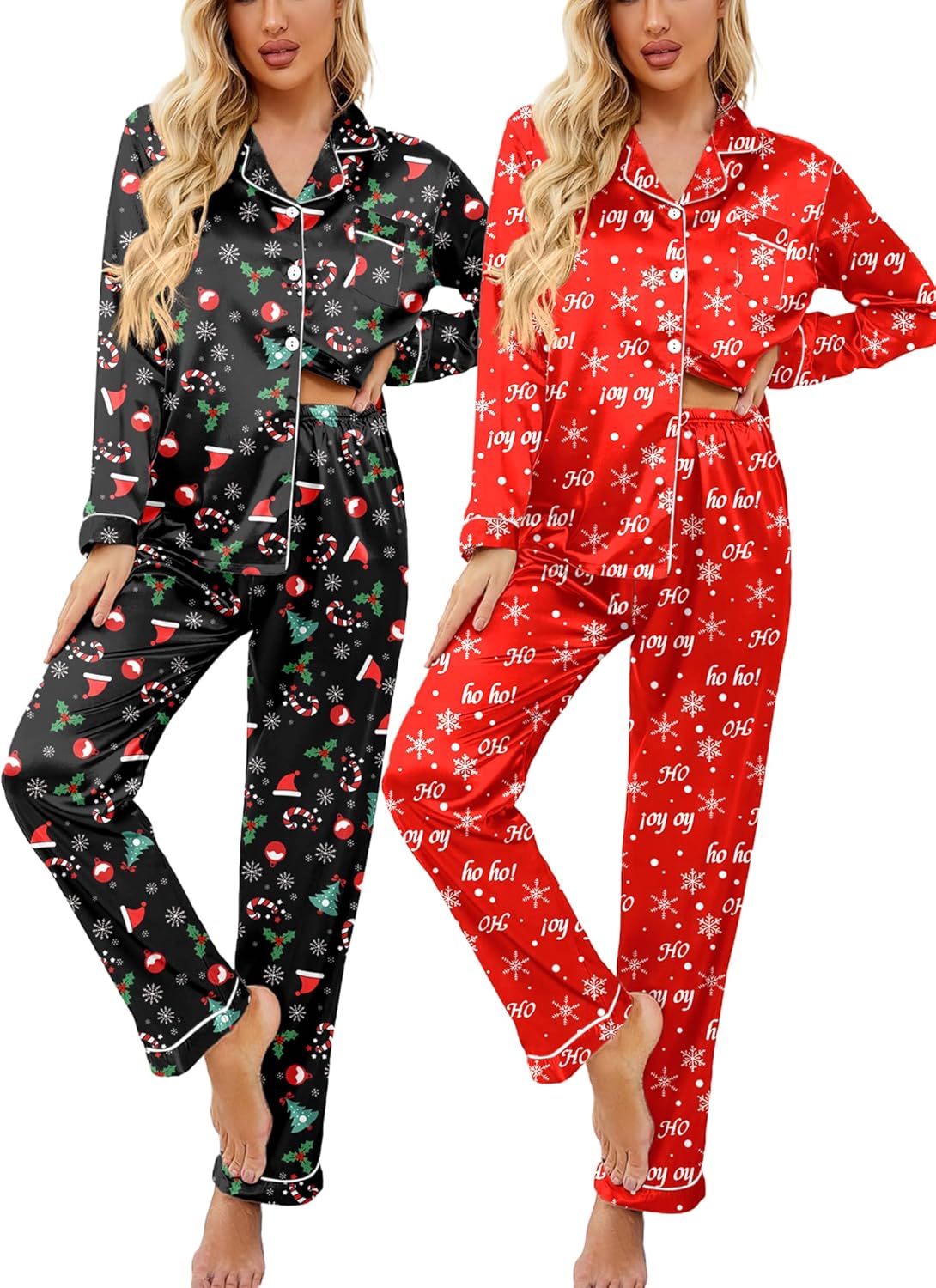 Ekouaer 2 Pack Satin Pajamas Set for Women Classic Button Down Silk Pjs Set Soft Sleepwear
