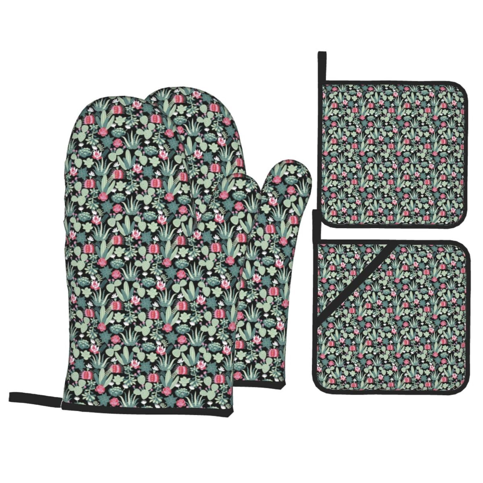 Cactus Print Stylish Heat-Resistant Oven 4-Piece Set Kitchen Gloves Roasting Daily Cooking