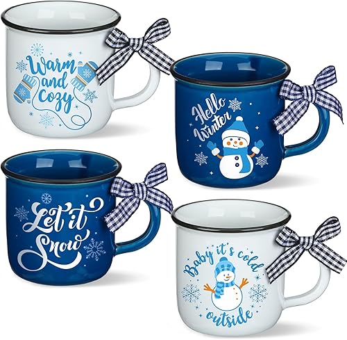 Lallisa 4 tazas de café de Navidad de invierno con cinta, taza de cerámica, regalo de cacao caliente, mini tazas de café, tazas de vacaciones,