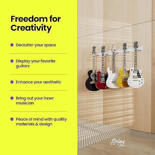 Miniatura 7 de String Swing Estante de montaje en pared para guitarra capacidad para 5 guitarras acústicas, eléctricas o bajos, SW5RL-W-K