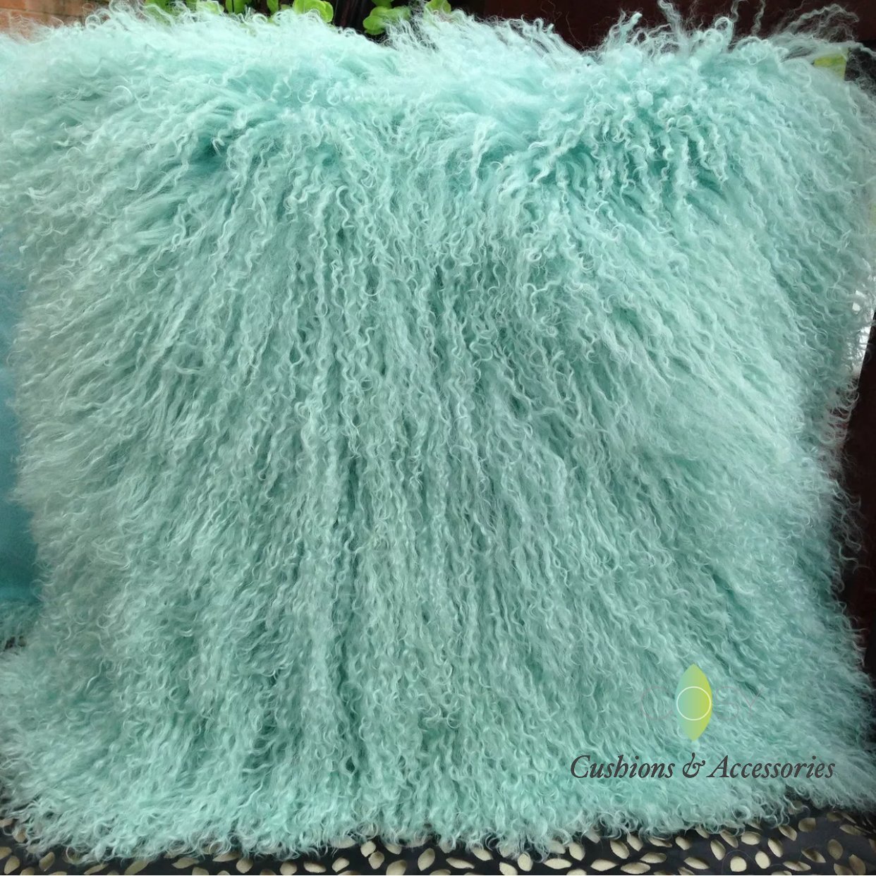 Sobeautifur Mongolian Sheepskin Cushion With Pad 40x40cm - Genuine Lamb Wool Fur Pillow - Duck Egg