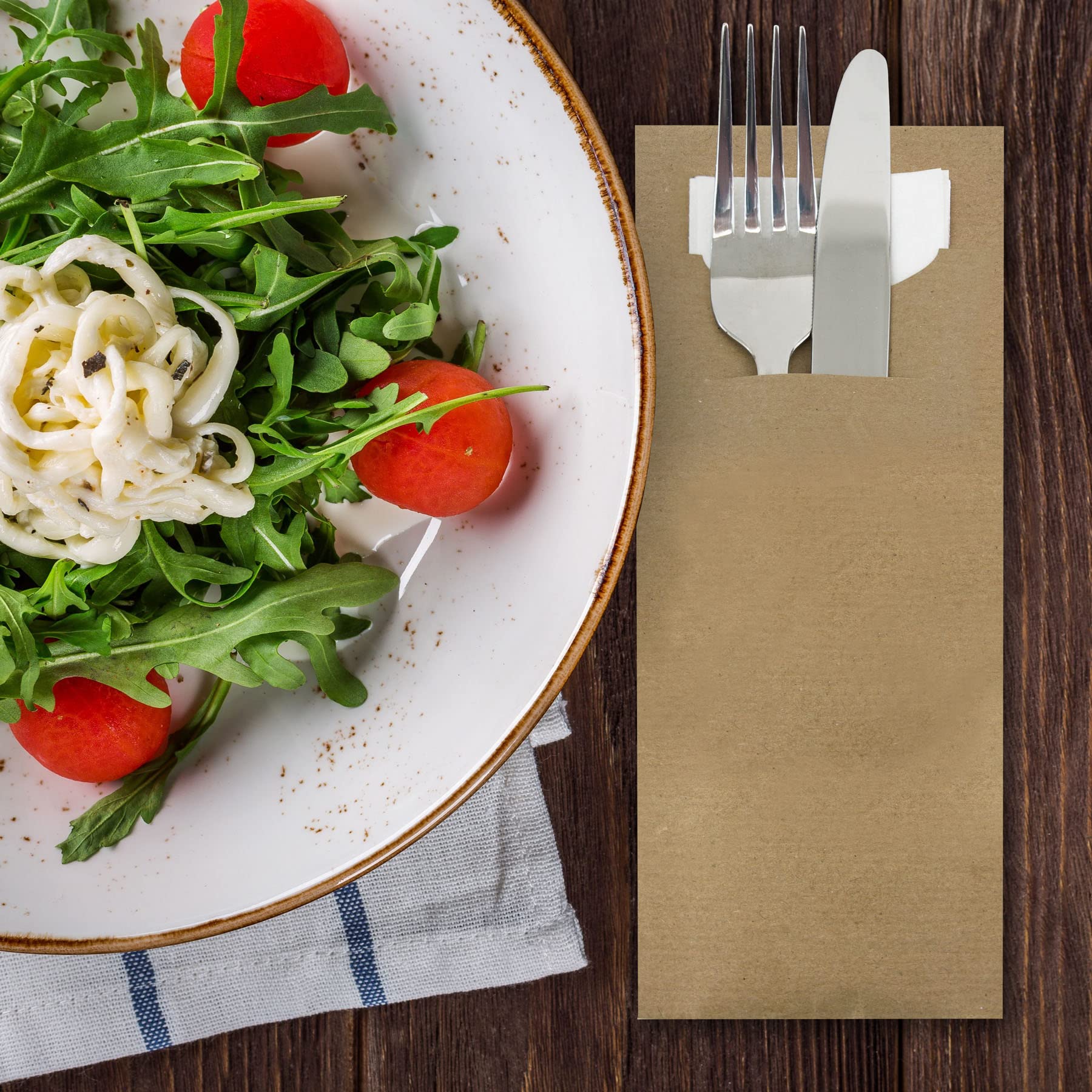 itenga 500x Bestecktasche aus Kraftpapier braun mit weißer Serviette Gastronomie Veranstaltung Feier