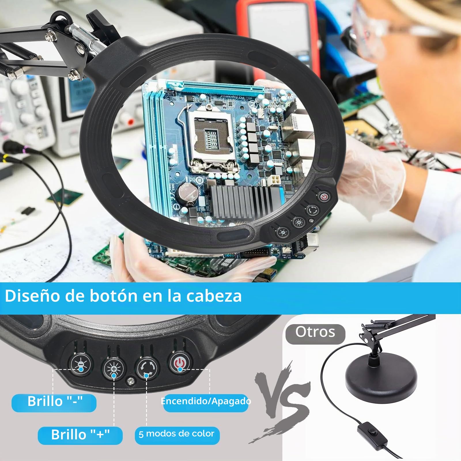 12X Lupa grande con luz y soporte, lámpara de escritorio iluminada con 5 modos de color 10 brillo regulable, lupa con luz manos libres con abrazadera para leer reparación cerrar trabajo