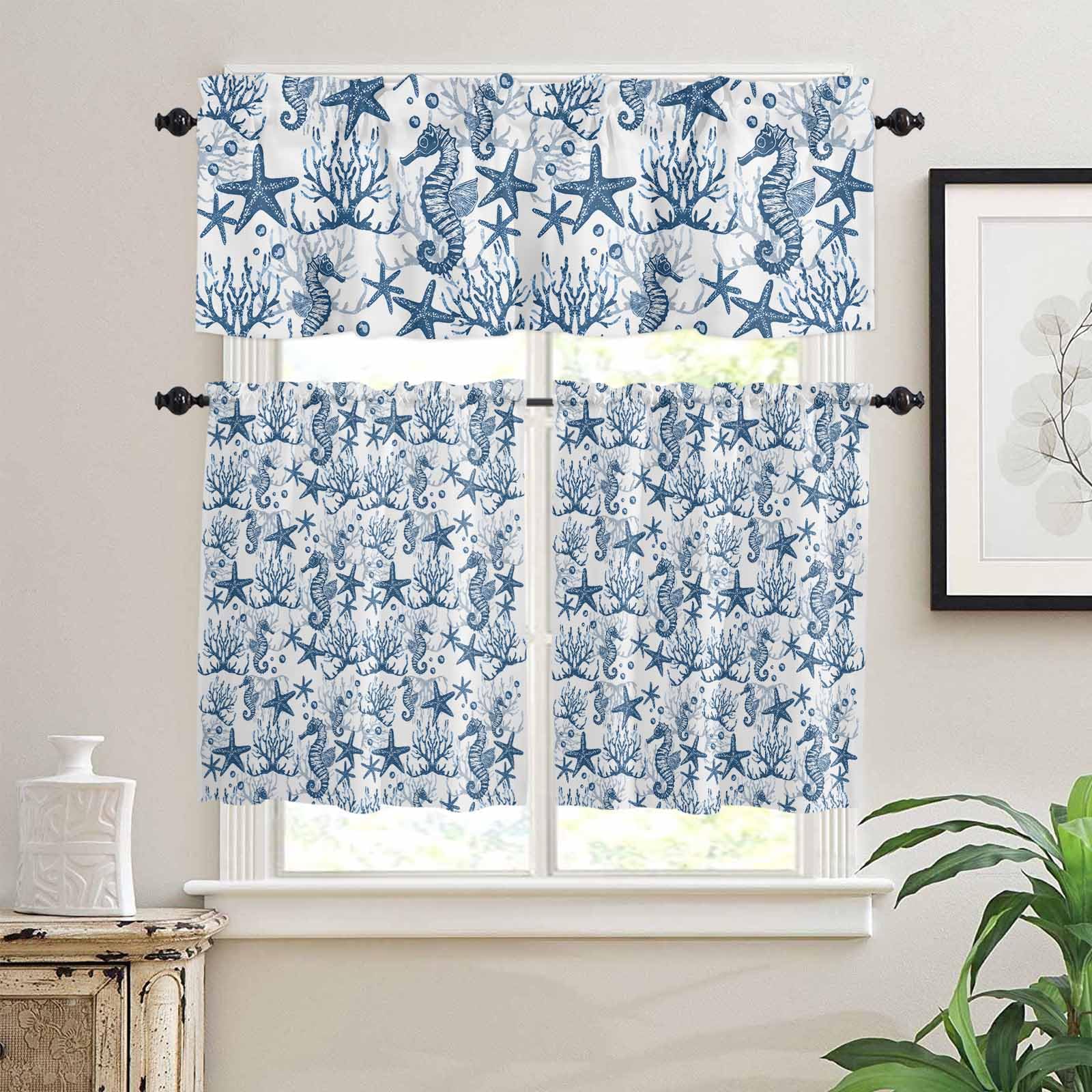 Coastal Blue Kitchen Curtains 24 Inch Length, 3 Piece Rod Pocket Small Half Tiers and Valance Set, Ocean Seahorse Starfish Coral Sea Small Large Window Treatment Decor for Bedroom/Bathroom Sink