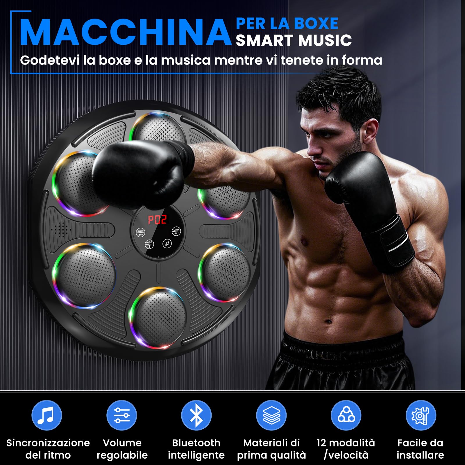Infaebo Macchina da Boxe Musicale, Extra Large Professionale a Parete con LED Dinamico et Guantone, Bluetooth Smart, Musica Elettronica a 12 velocità, per Adulti e Bambini, Interni e Palestre, Nero