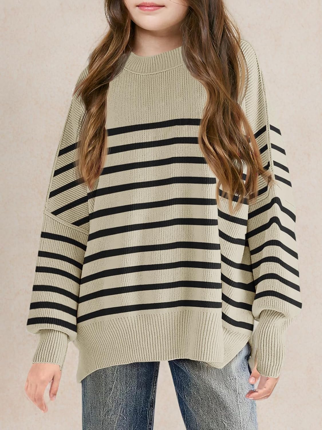 Girls Striped Oversized Sweaters Fashion Batwing Sleeve Side Slit Knit Pullover Clothes 5-14 Years - Image 6