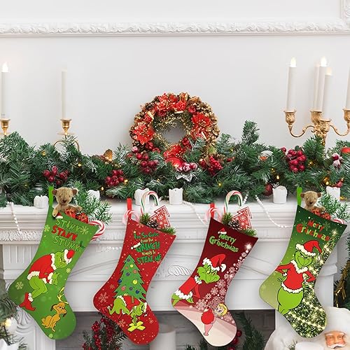 Miniatura 3 de Yanleen Paquete de 4 medias de Navidad de Grinchs, 20 pulgadas, kit de calcetines de Navidad grandes para Grinchs, decoraciones de Navidad, adornos