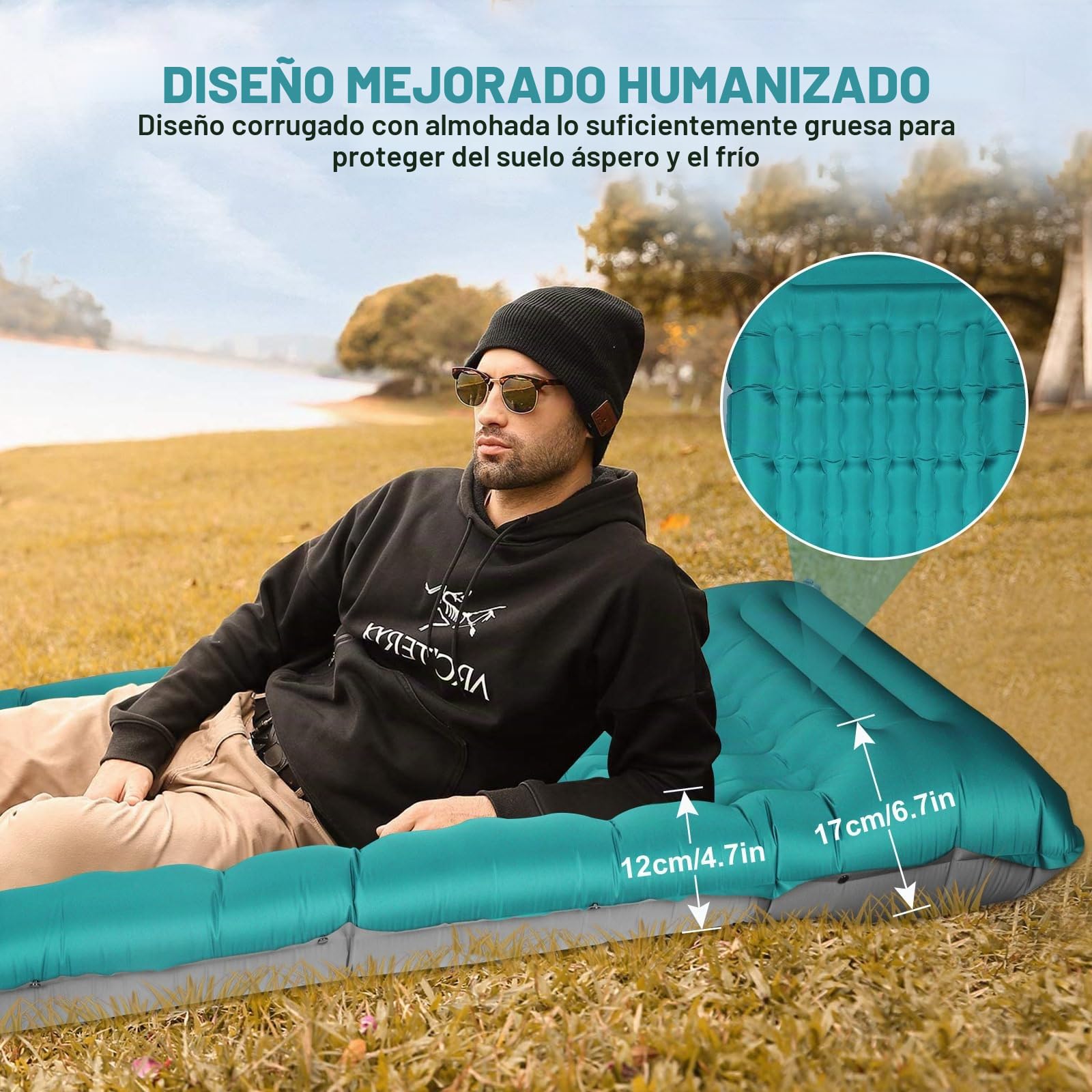 Colchoneta De Camping Inflable Autoinflable: Extra Gruesa 12 Cm Termo Colchón Inflable Con Almohada Plegable Colchoneta Autoinflable Con Bomba De Pie, Para Tienda Trekking Playa (Azul Pavo Real)