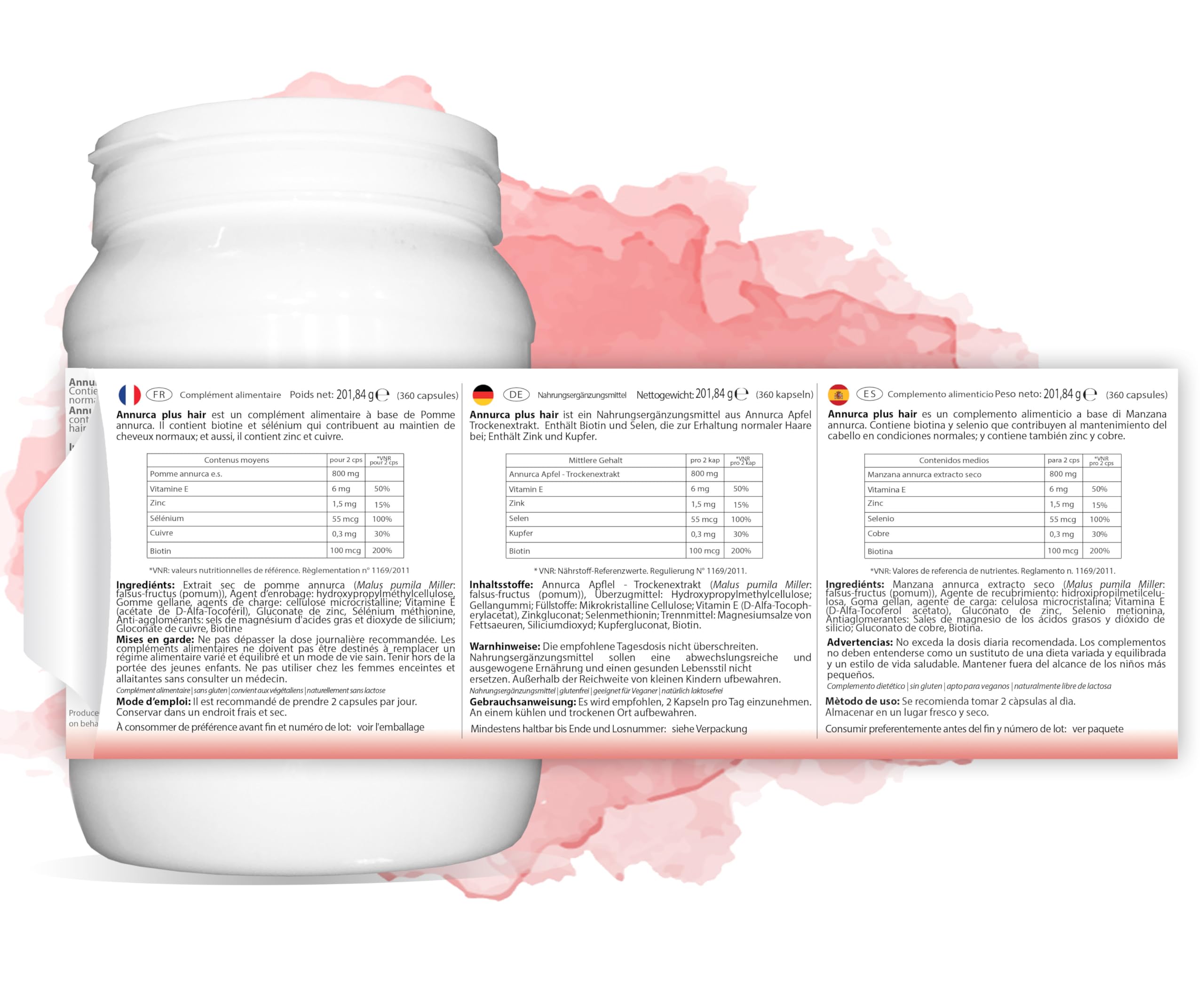 ANNURCA plus hair | 360 cápsulas | suplemento alimenticio para un pelo bonito y fuerte | con vitaminas y minerales | producto italiano