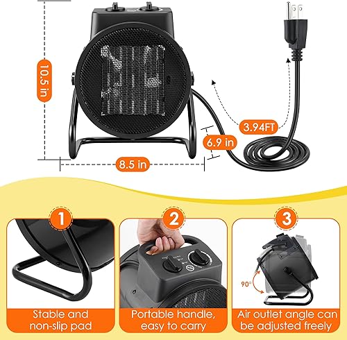 Miniatura 4 de Calentador eléctrico para uso en interiores, calentador de garaje portátil de calentamiento rápido de 1500 W con ángulo ajustable de 90, calentador