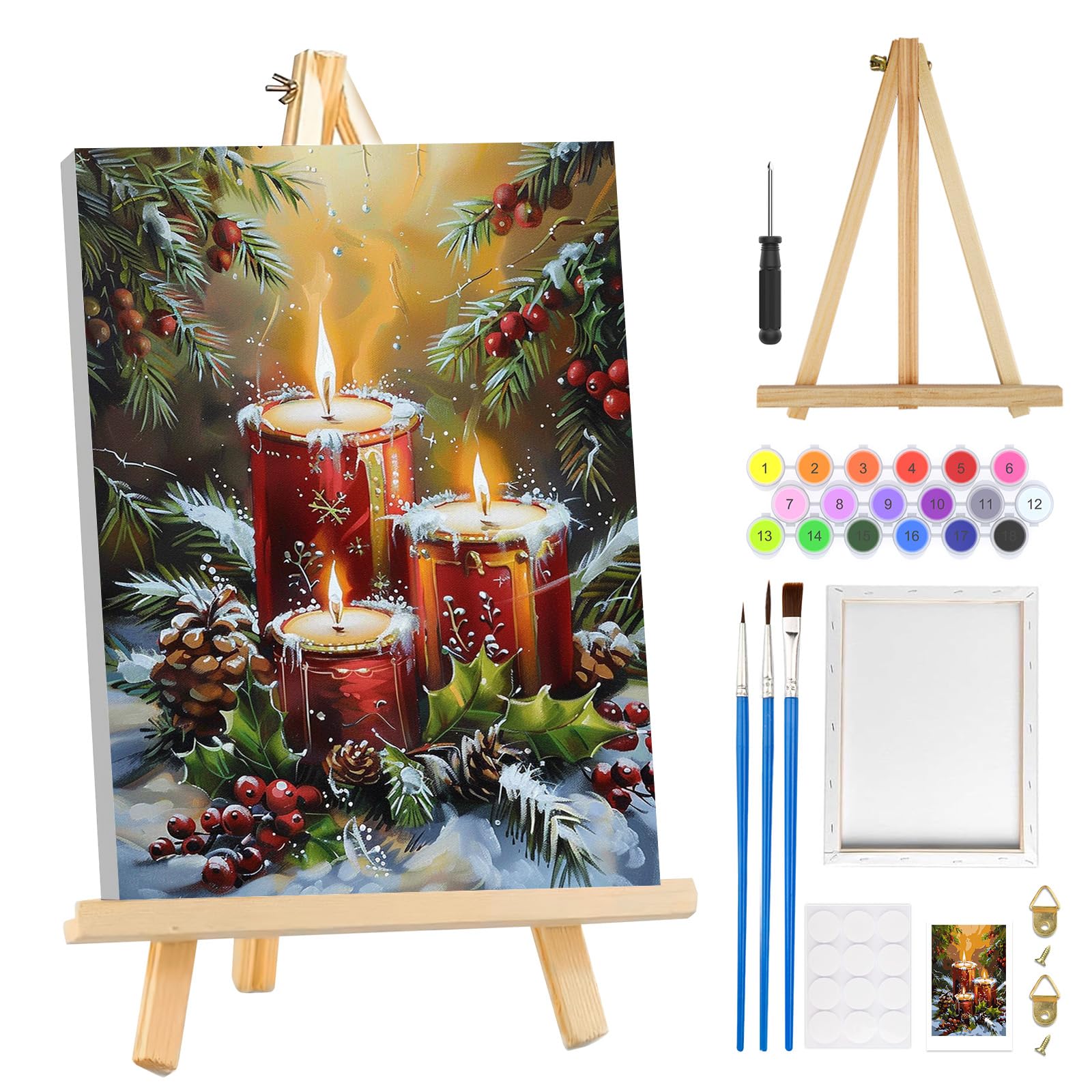 Bowetile Peinture par Numéros Chalet en Hiver Avec Cadre pour Adultes, Kit Noël Paysage pour Adulte et Enfant, Loisirs Créatifs avec Pinceaux, Activité Manuelle pour Décoration 20x30cm