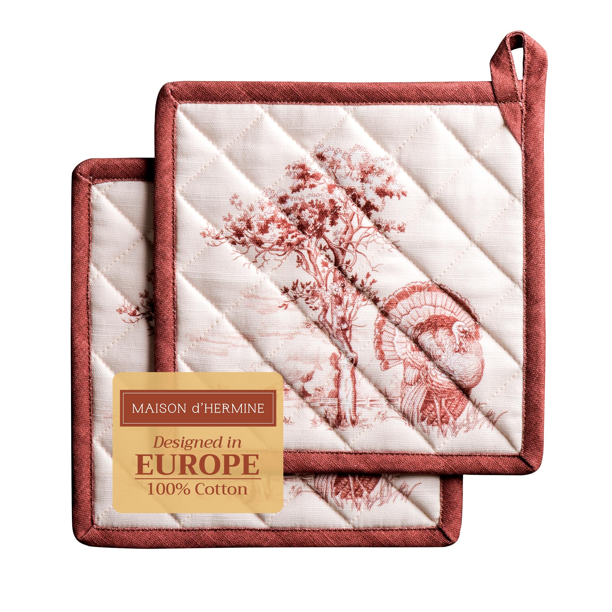 Maison d' Hermine Pot Holders Set 100% Cotton Heat Resistant Potholders 8" x 8" Hot Pads with Loop for Thanksgiving Christmas Decorations BBQ Baking