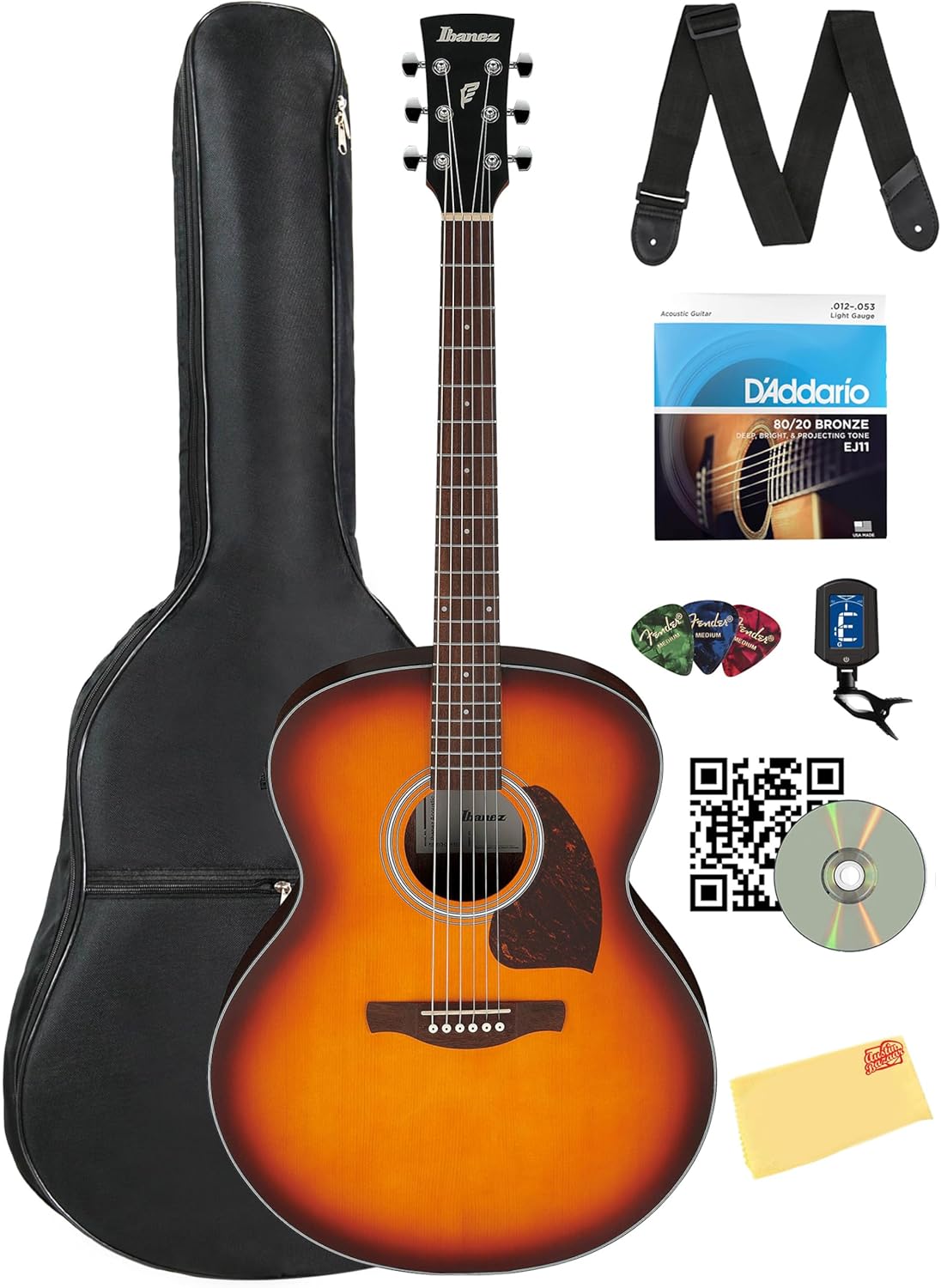 Ibanez PJ50E PF Performance Jumbo Acoustic-Electric Guitar - Open Pore Vintage Amber Sunburst Bundle with Gig Bag, Tuner, Strings, Strap, Picks, Austin Bazaar Instructional DVD, and Polishing Cloth