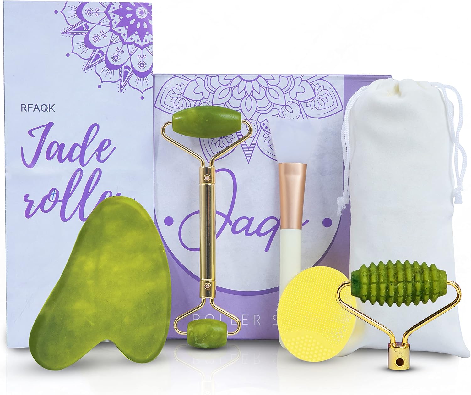 Jade Roller for Face and Gua Sha Set - 100% Natural Jade Stone Roller for Face Eyes & Neck, Face Fit Roller Set for Women with Brush & Silicone Face Cleanser for Reducing Wrinkles and Enhance Beauty
