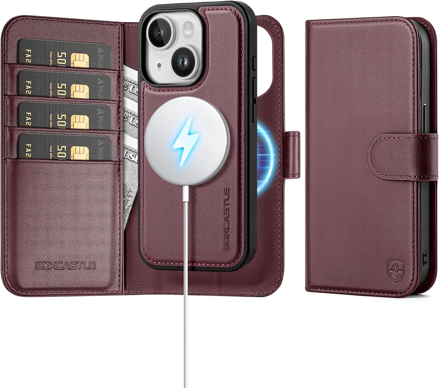 Magnetic 2 in 1 Detachable Compatible with Magsafe iPhone 13 Genuine Wallet Case with Card Holder,Women Men Real Leather Flip RFID Blocking Credit Card Slots Stand Phone Cover,Wine Red