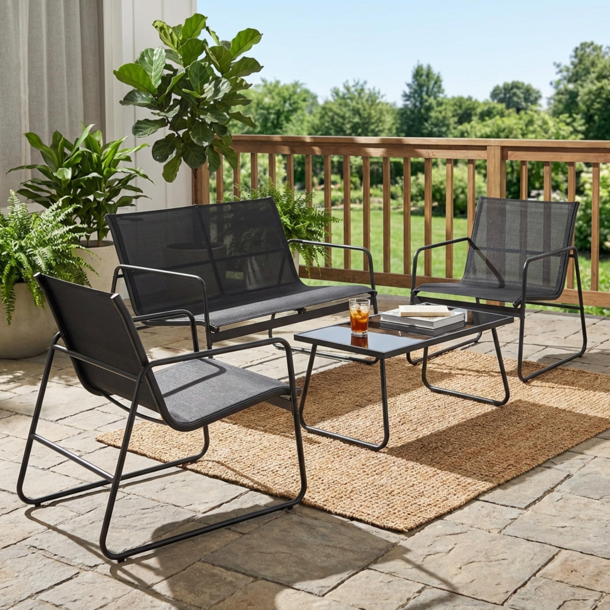 Mondeer Salon de Jardin Exterieur 4 Personnes, pour Terrasse Balcon (Noir) | Mobilier de Jardin avec 2 Places 2 fauteuils 1 Table Basse, Métal et Textilène