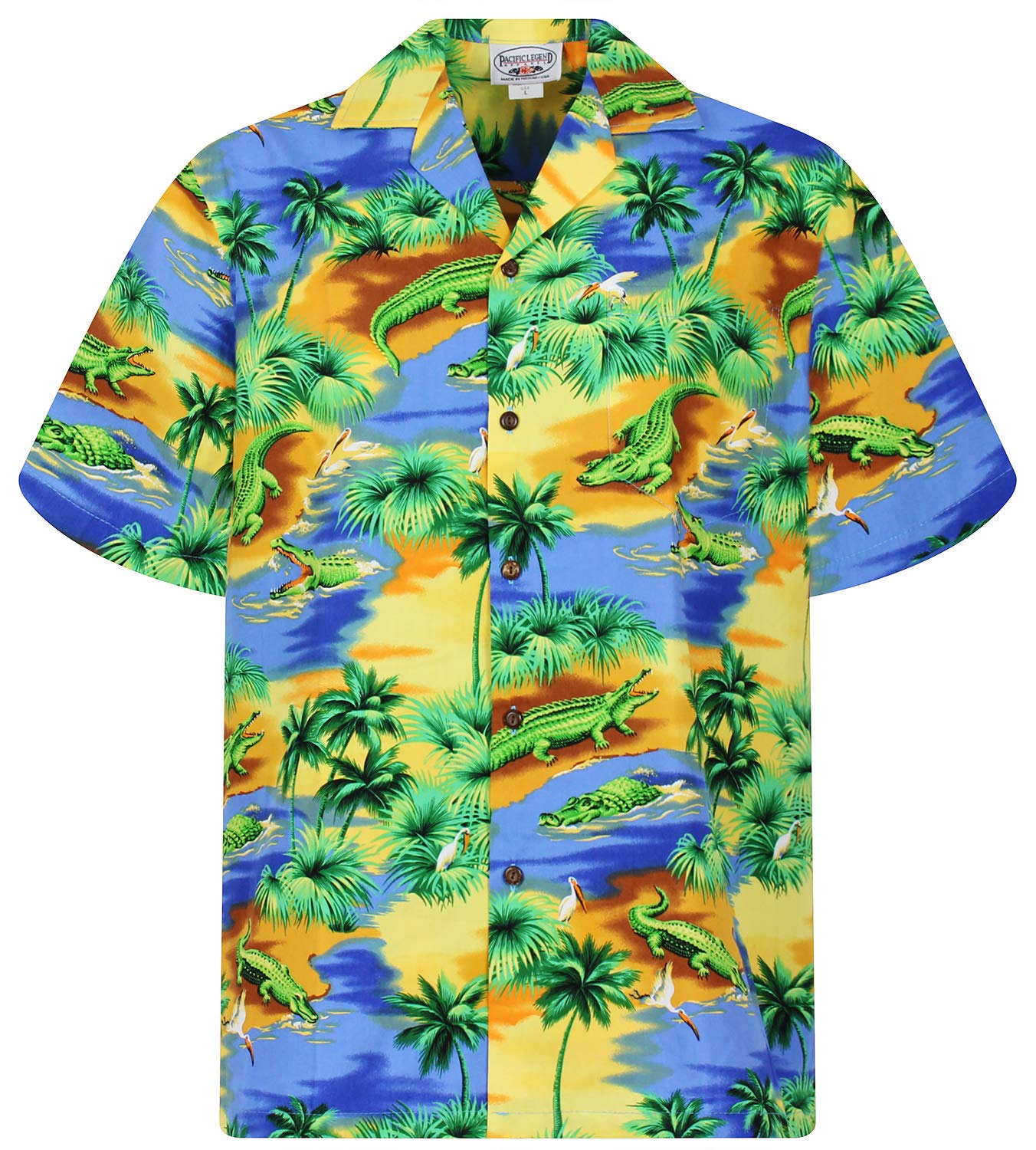 P.L.A. | Original Camicia Hawaiana | Signori | S - 4XL | Maniche Corte | Tasca Frontale | Hawaii Stampa | Coccodrillo | Blu