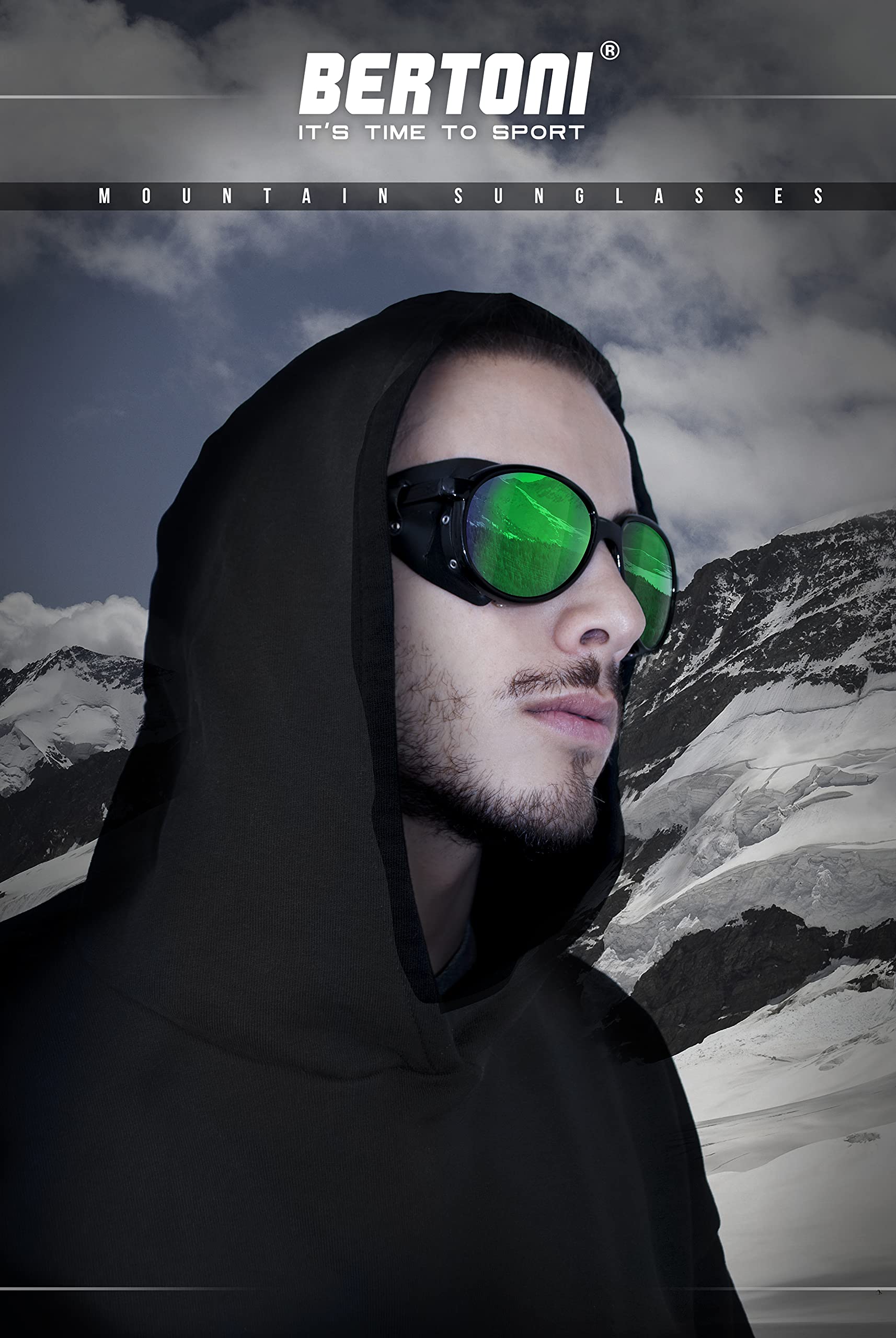 Bertoni Gafas de Sol Polarizadas de Montaña Glaciar Esqui Alpinismo Trekking - Mod. Cortina Italy – Color: Negro Brillante