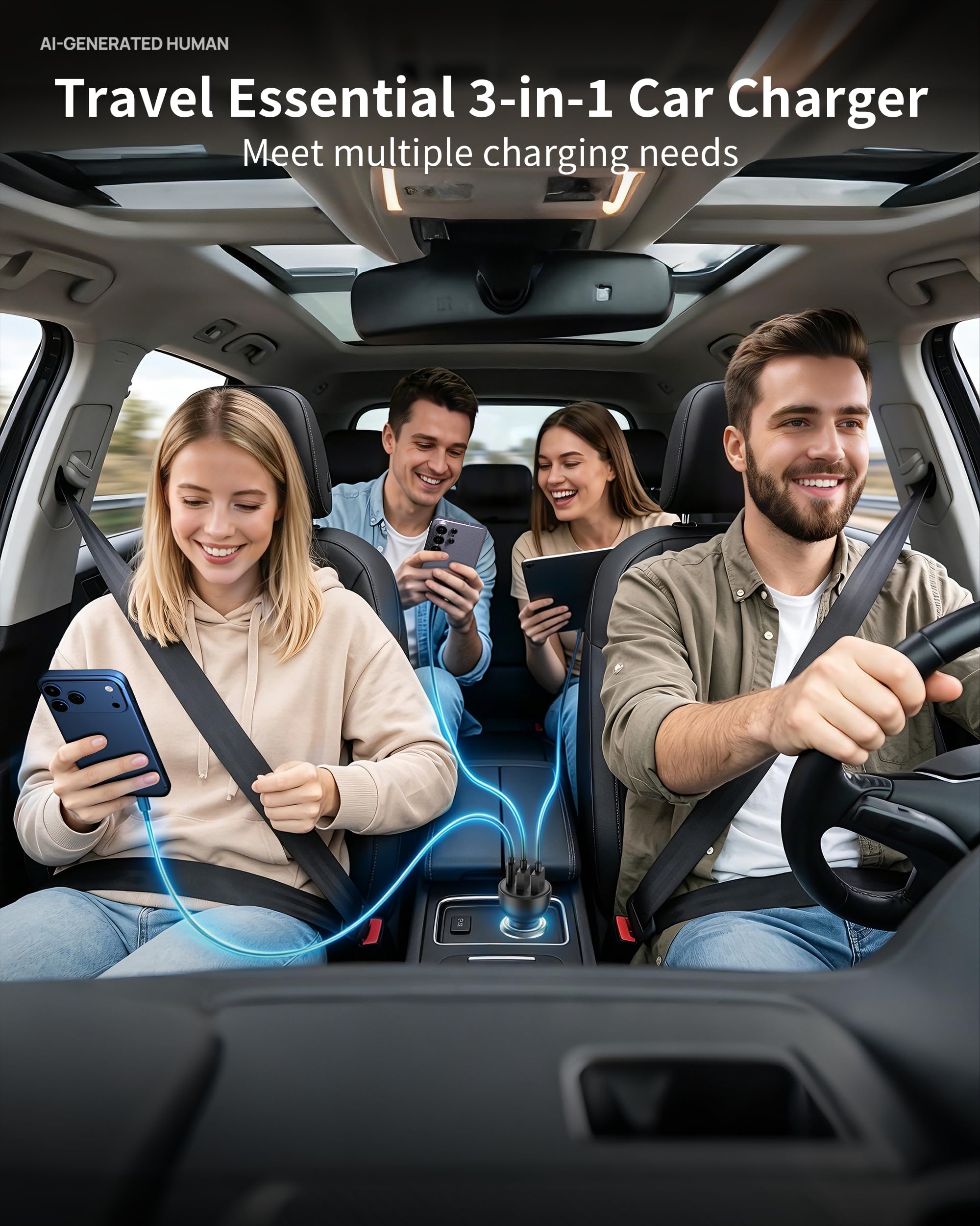 Cargador de coche de 3 puertos para iPhone 16/16e/15 Pro Max Plus, cargador de coche USB-C USB-A de carga rápida de 53 W y cable USB C a C para iPhone 15/16e/16, iPad, Galaxy, accesorios Android