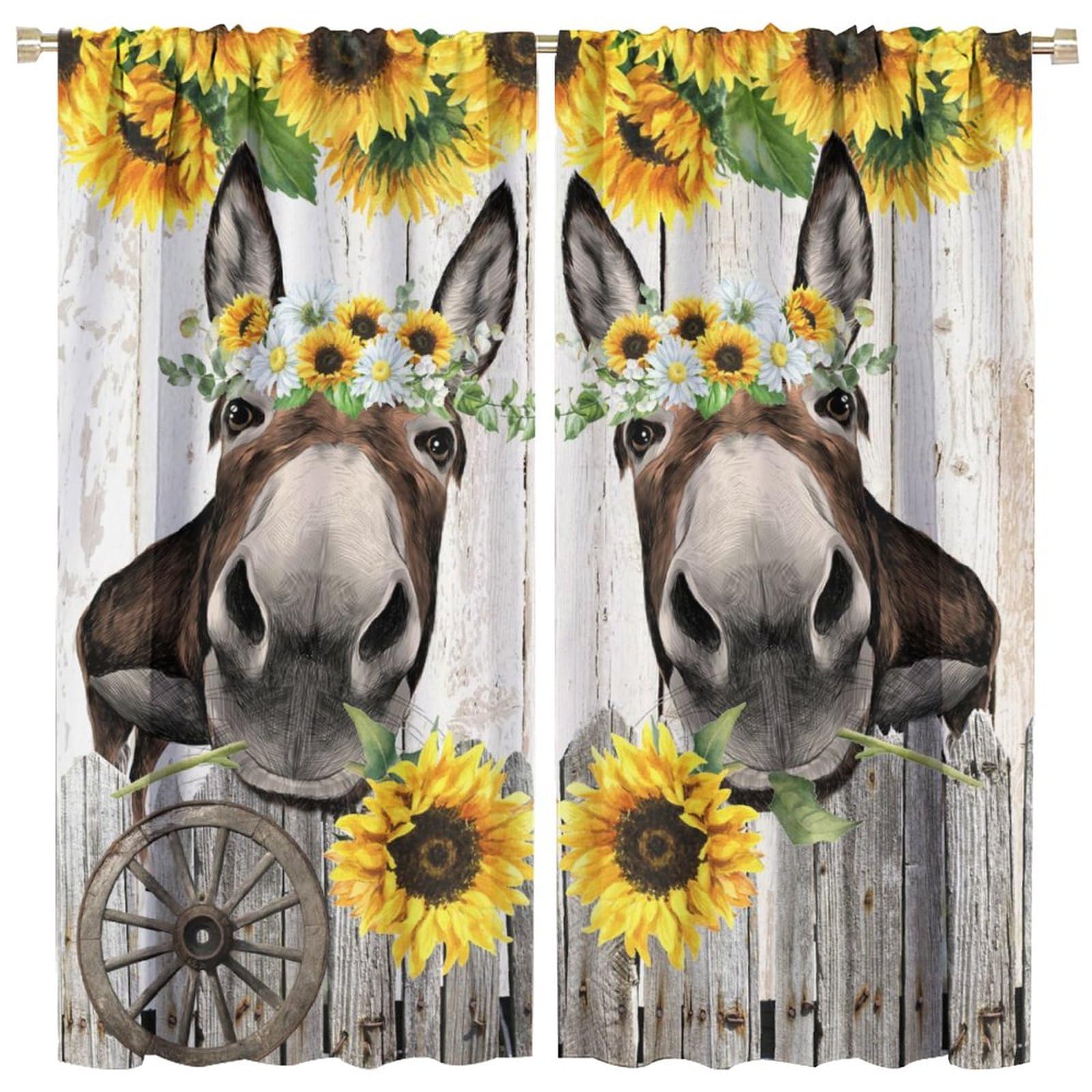 Vintage Farmhouse Donkey Curtain - Funny Cute Donkey Rustic Wooden Board Wheel Floral Sunflower Thermal Insulated Blackout Curtains - Rod Pocket