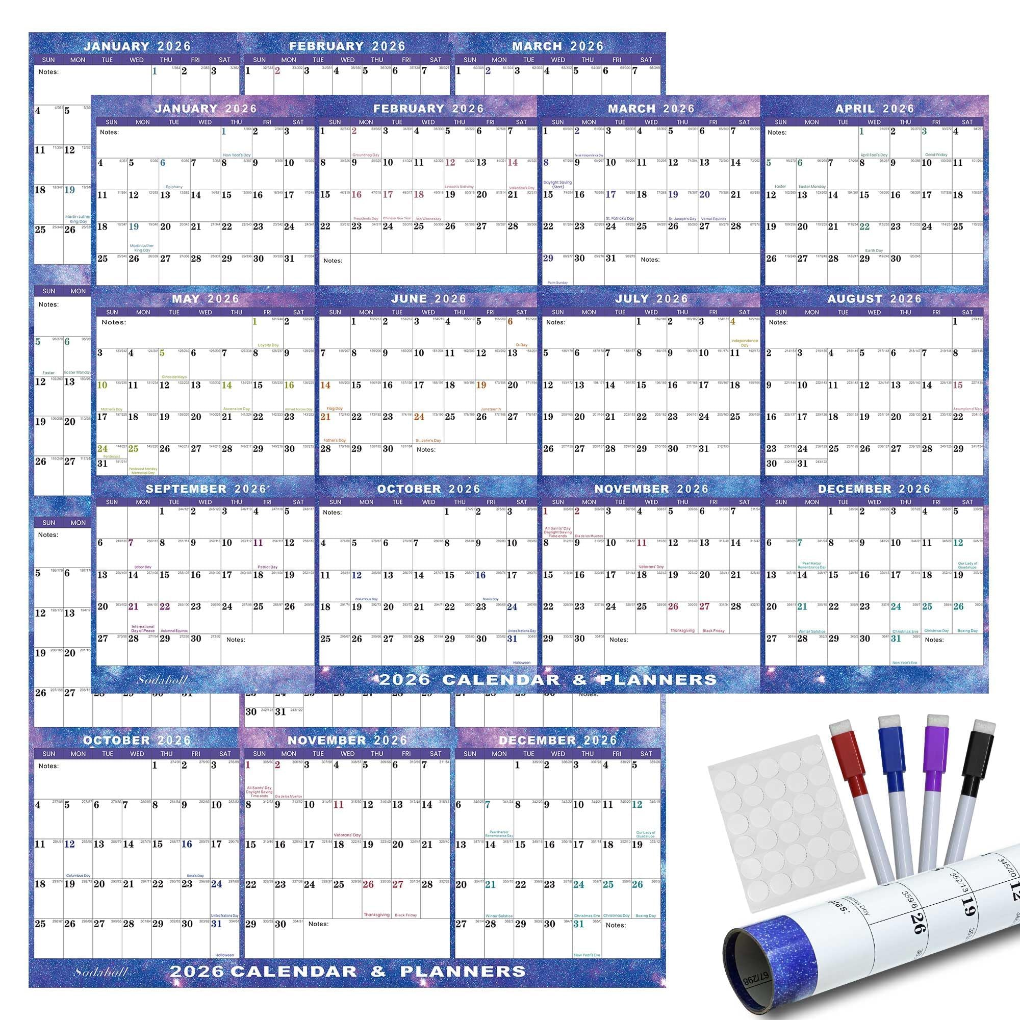 32" x 48" 2026 Wall Calendar Dry Erase - Large Starry Sky Calendar Wet & Dry Erasable Laminated 12 Month Annual Yearly Planner, Reversible, Horizontal/Vertical (2026 Wall Calendar)