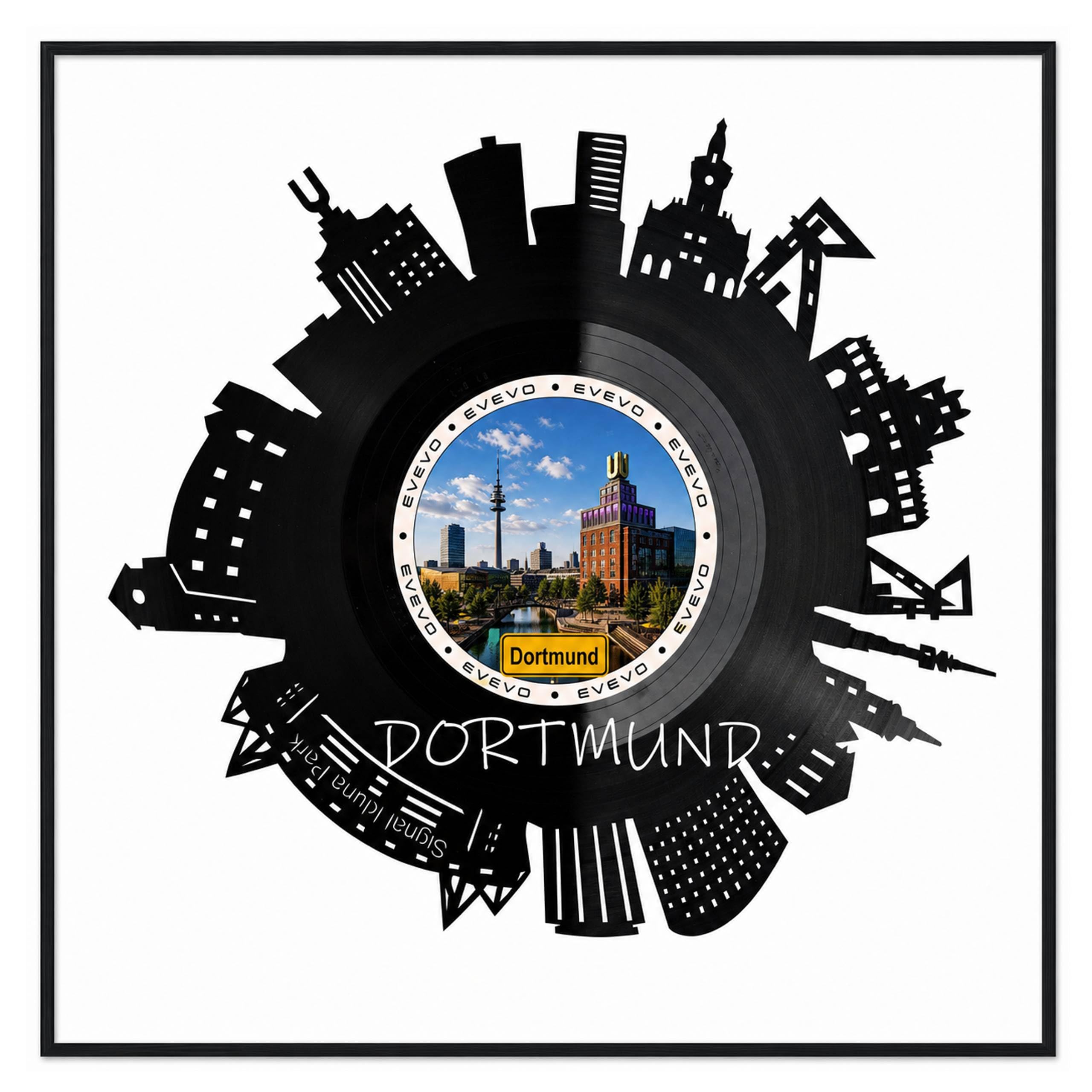 EVEVO Decorazione da parete in vinile con cornice, 32 x 32 cm, Dortmund – Decorazione da parete in vinile, motivo: Metropoli Ruhr Skyline di Dortmund, regalo per gli amanti del design