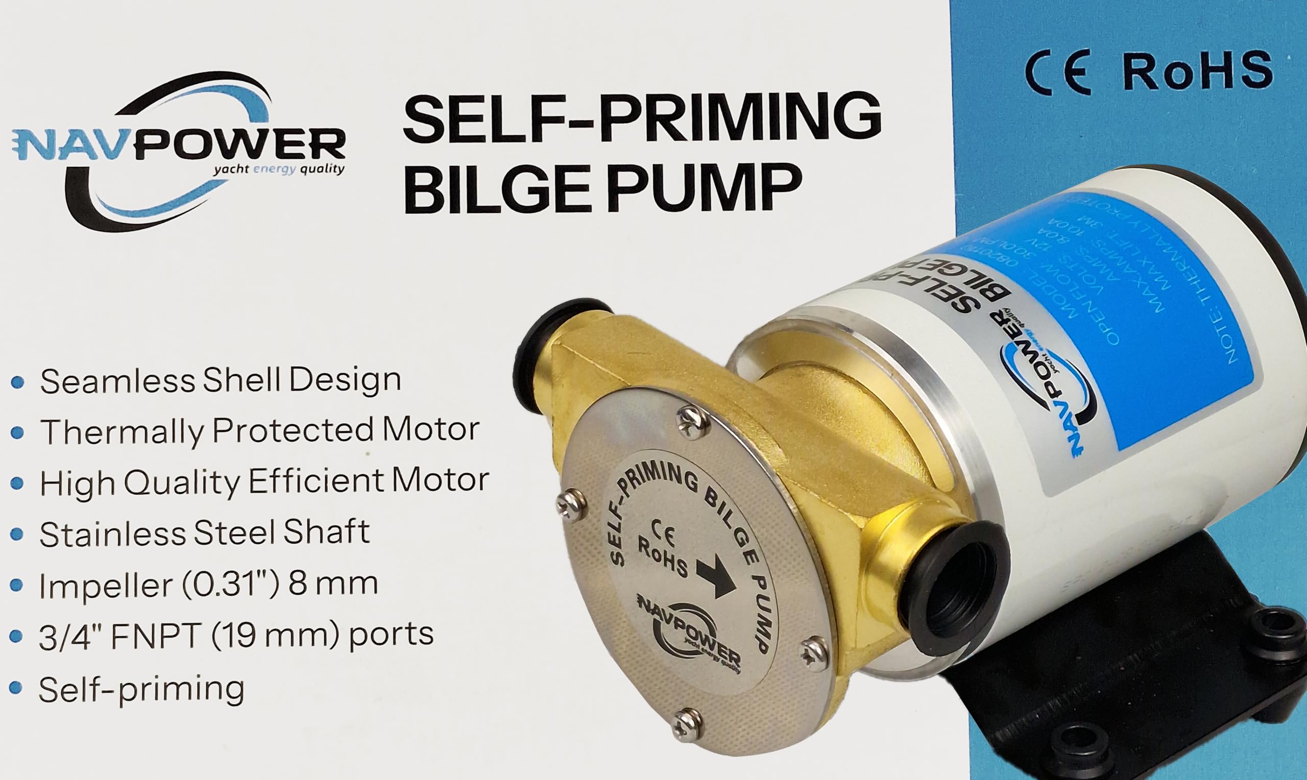 Pompa Autoadescante 12V NAVPOWER per barca, Corpo in Bronzo, Portata 33L/min – Per Sentina, Travaso Acqua, Liquidi Puliti
