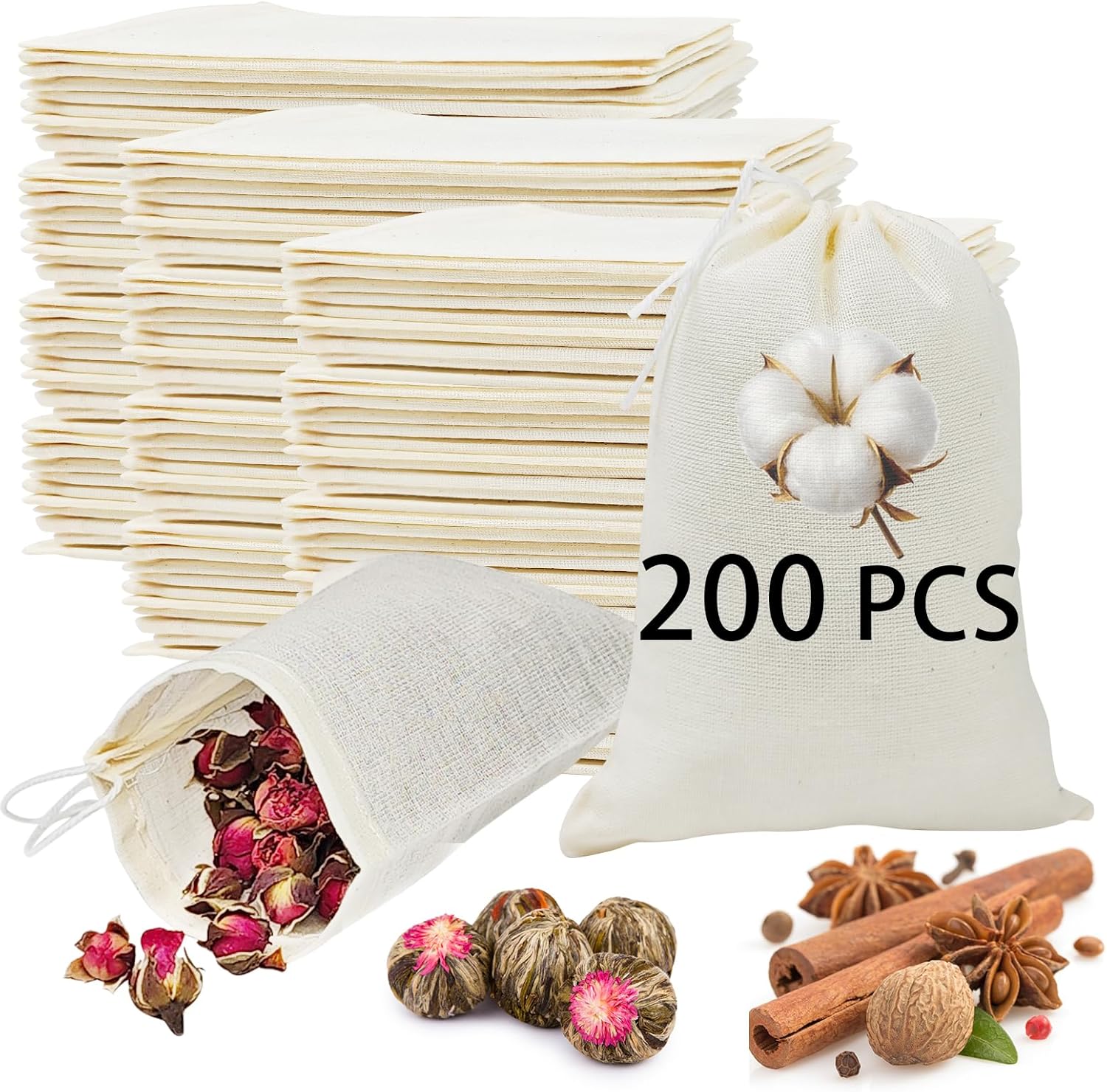 Small muslin cloth bags with drawstrings in a 200 count pack