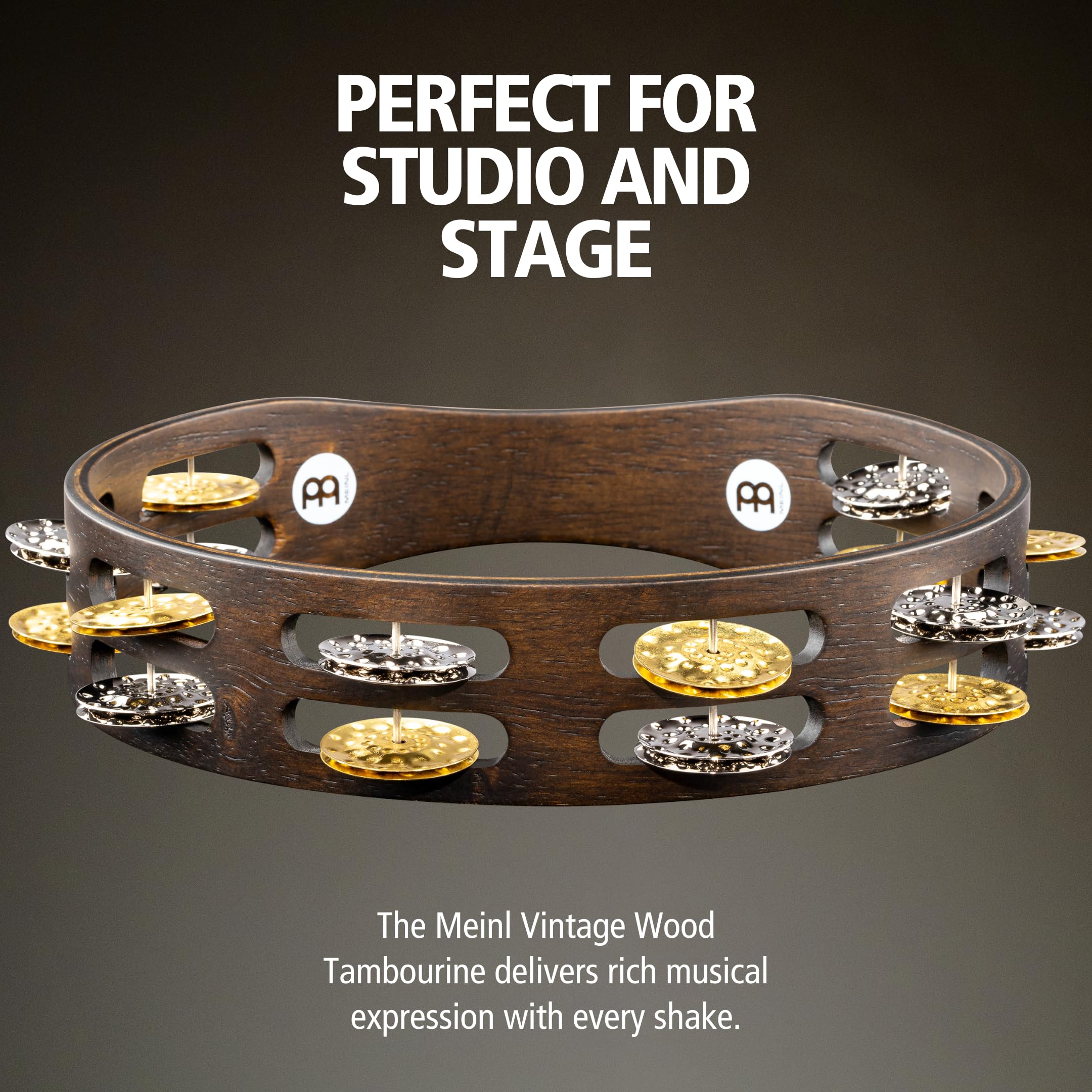 Meinl Percussion Vintage Wood Tambourine - 2-reihiges Tamburin - Durchmesser 10 Zoll - Siam Eiche / Messing und Stahl, Walnut Brown / Natur (TA2VM-WB) | Tamburin mit 2 Reihen Jingles, Durchmesser 10 Zoll, Holz, Stahl und Messing