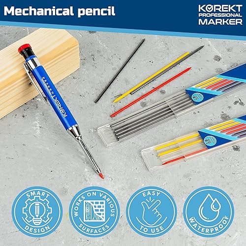 Miniatura 7 de KOREKT Marcador profesional, juego de lápices de carpintero mecánico resistente para construcción con 12 recambios y sacapuntas para carpintería,